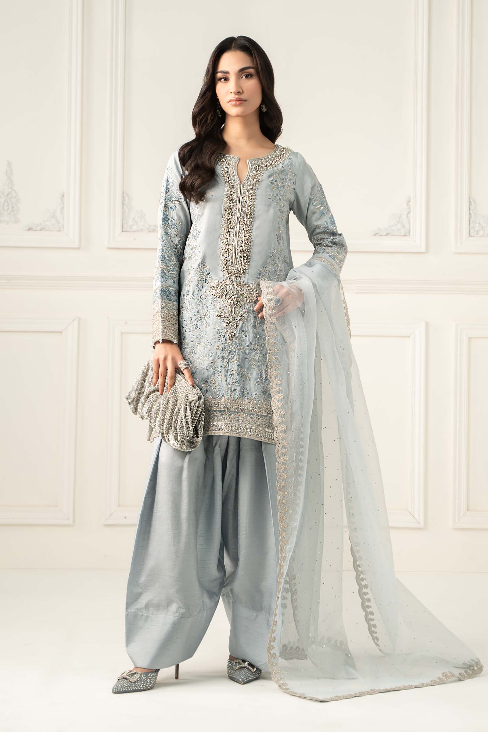 Pakistani Light Blue Embroidered Raw Silk Salwar Kameez (3-Piece) - Image 1