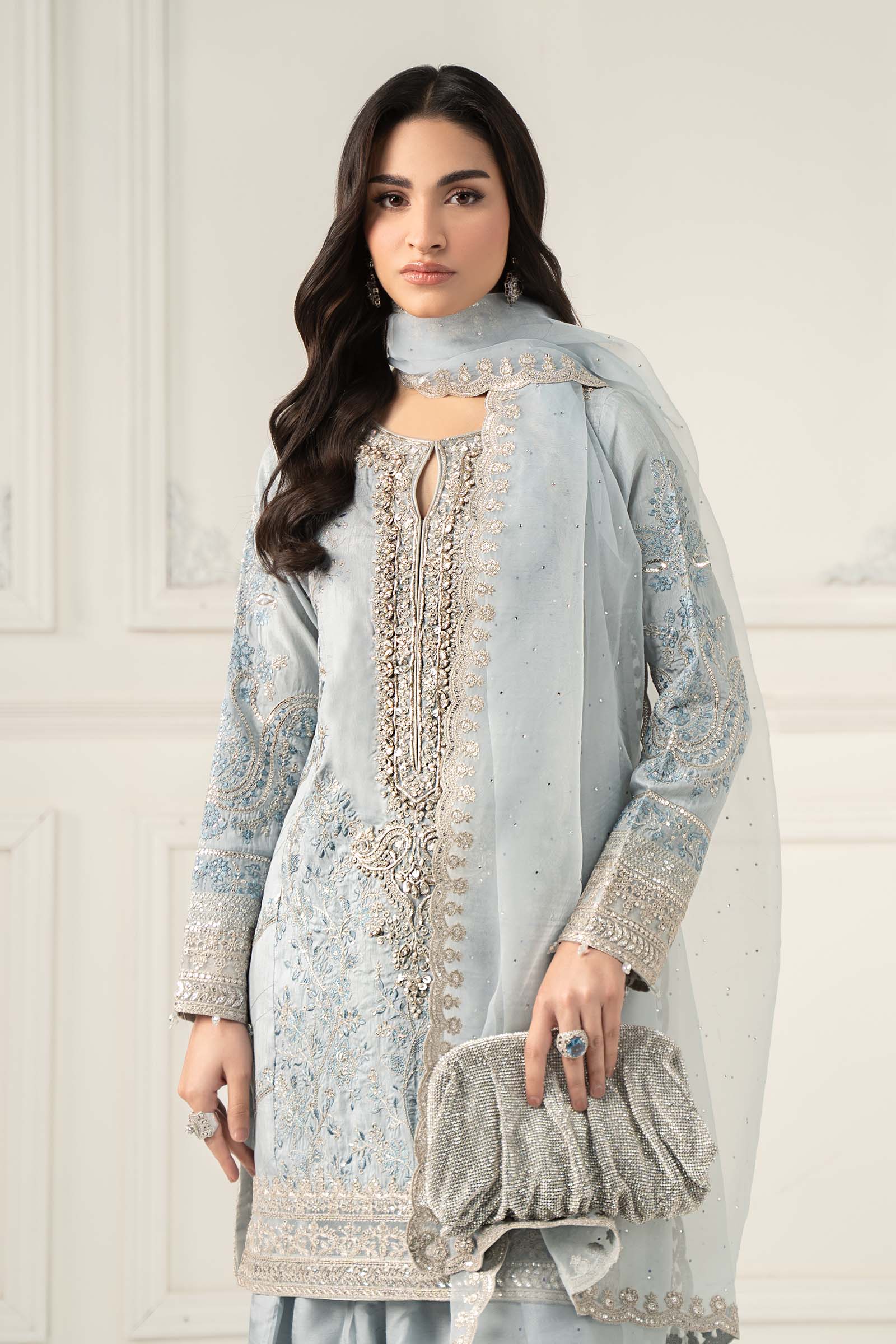 Pakistani Light Blue Embroidered Raw Silk Salwar Kameez (3-Piece) - Image 2