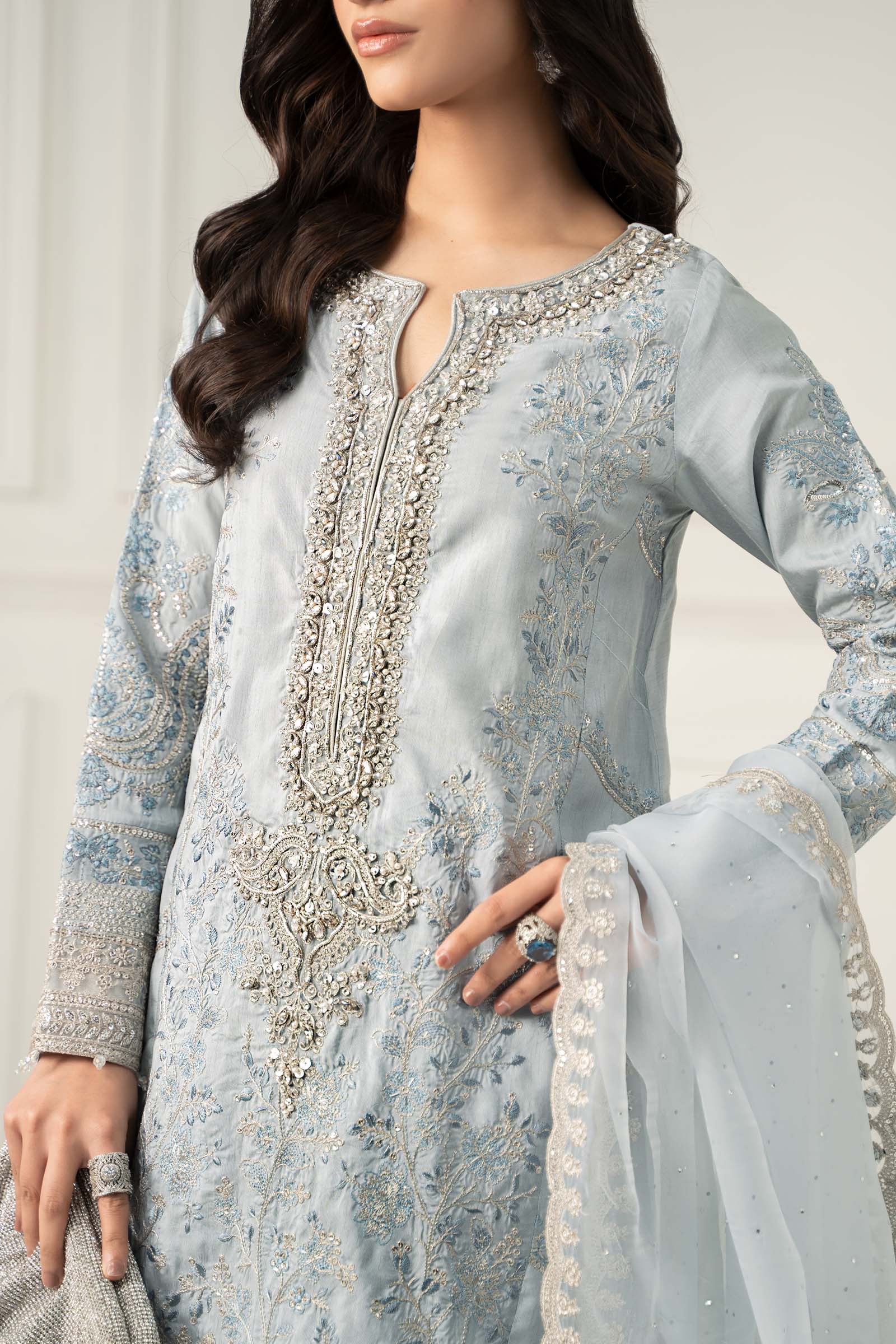 Pakistani Light Blue Embroidered Raw Silk Salwar Kameez (3-Piece) - Image 3