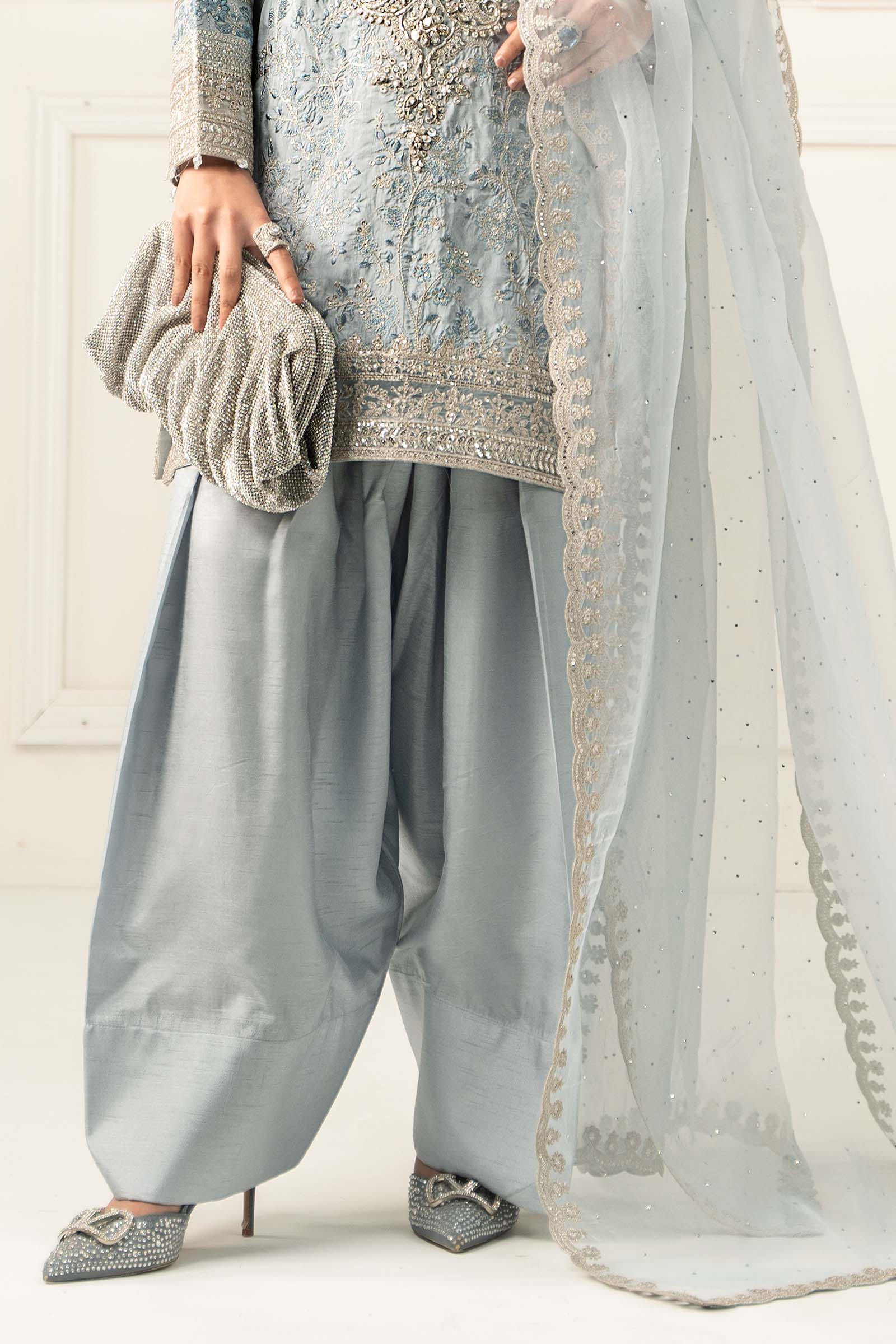 Pakistani Light Blue Embroidered Raw Silk Salwar Kameez (3-Piece) - Image 4