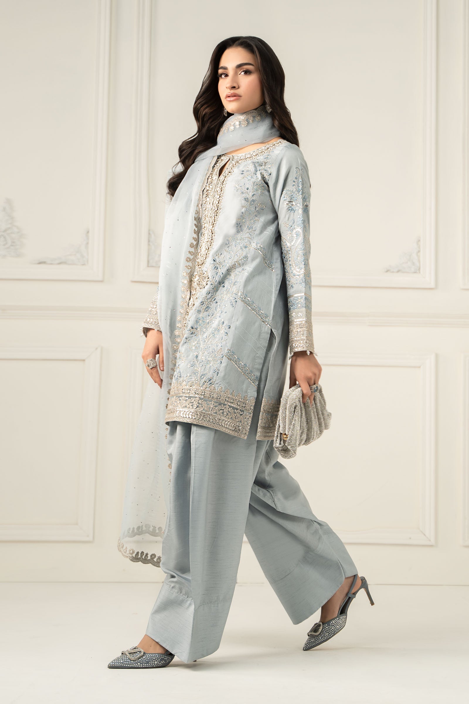Pakistani Light Blue Embroidered Raw Silk Salwar Kameez (3-Piece) - Image 5