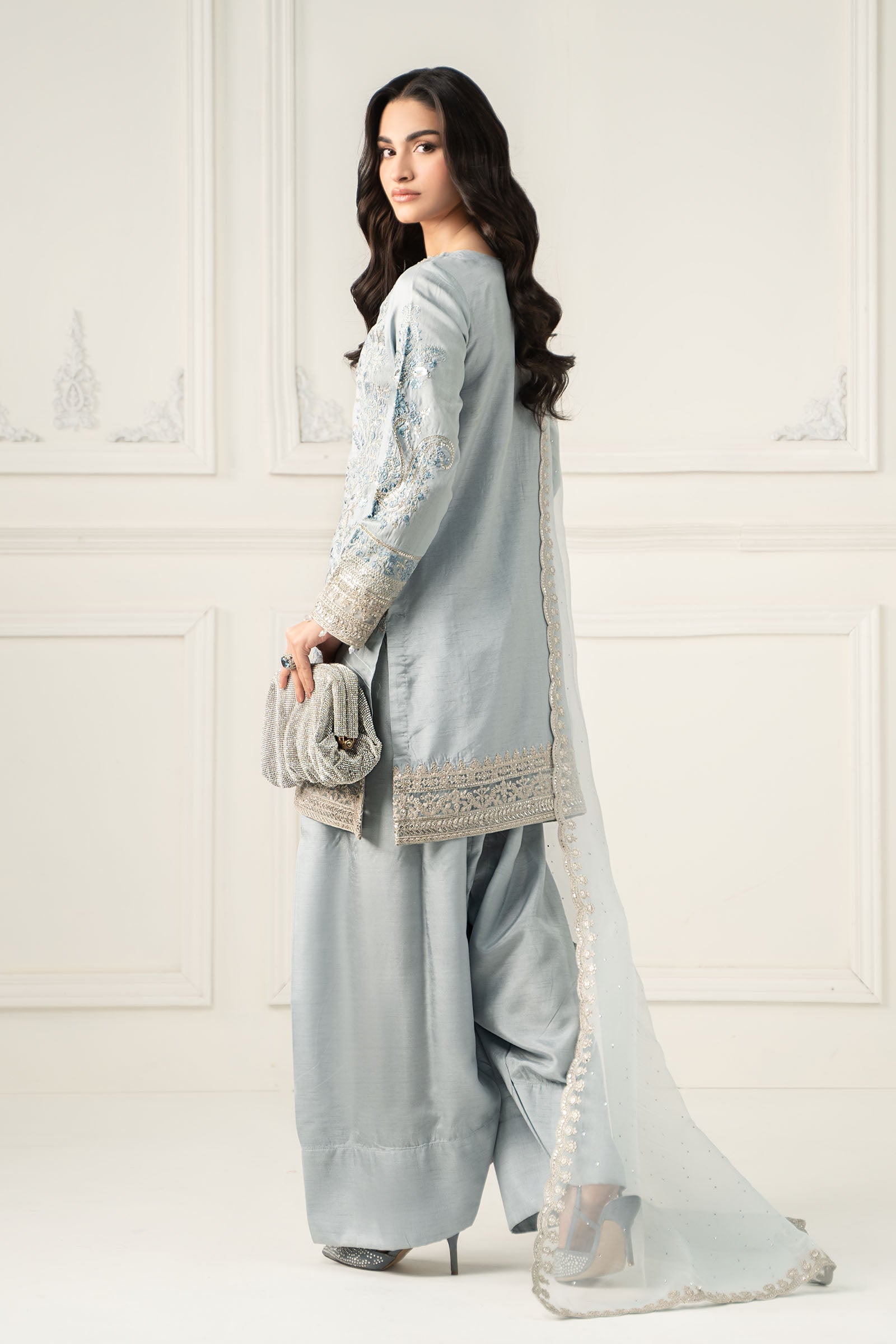 Pakistani Light Blue Embroidered Raw Silk Salwar Kameez (3-Piece) - Image 6
