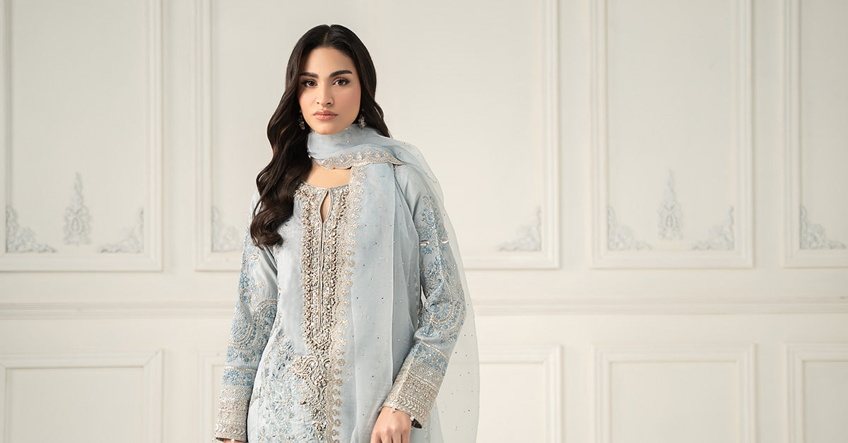 Pakistani Light Blue Embroidered Raw Silk Salwar Kameez (3-Piece) - Image 7