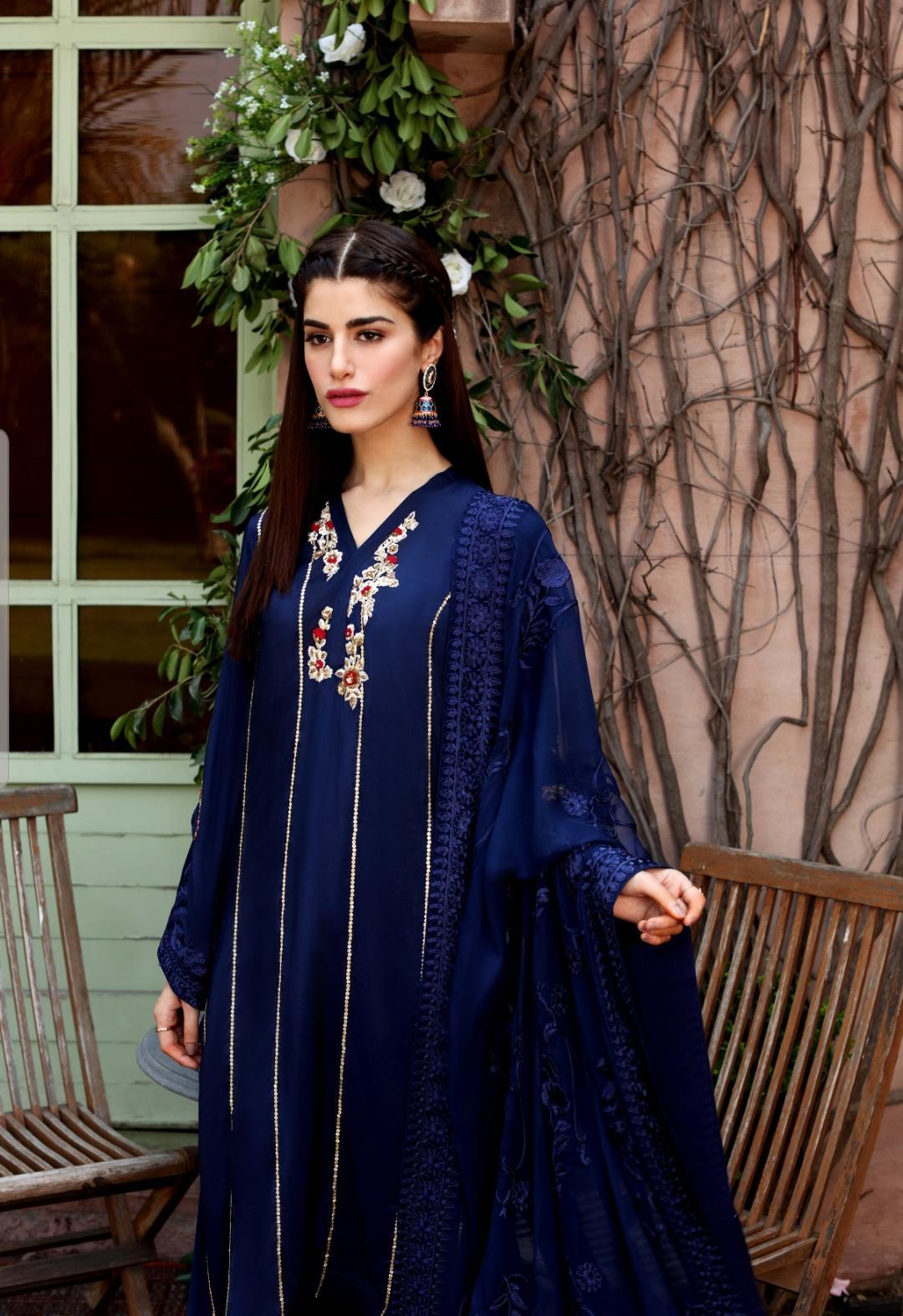 Midnight Blue Zardosi Raw Silk Salwar Kameez (3-Piece) - Image 1