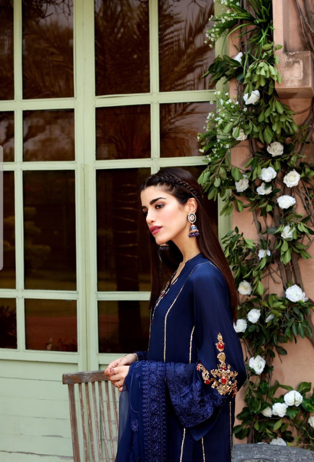 Midnight Blue Zardosi Raw Silk Salwar Kameez (3-Piece) - Image 2