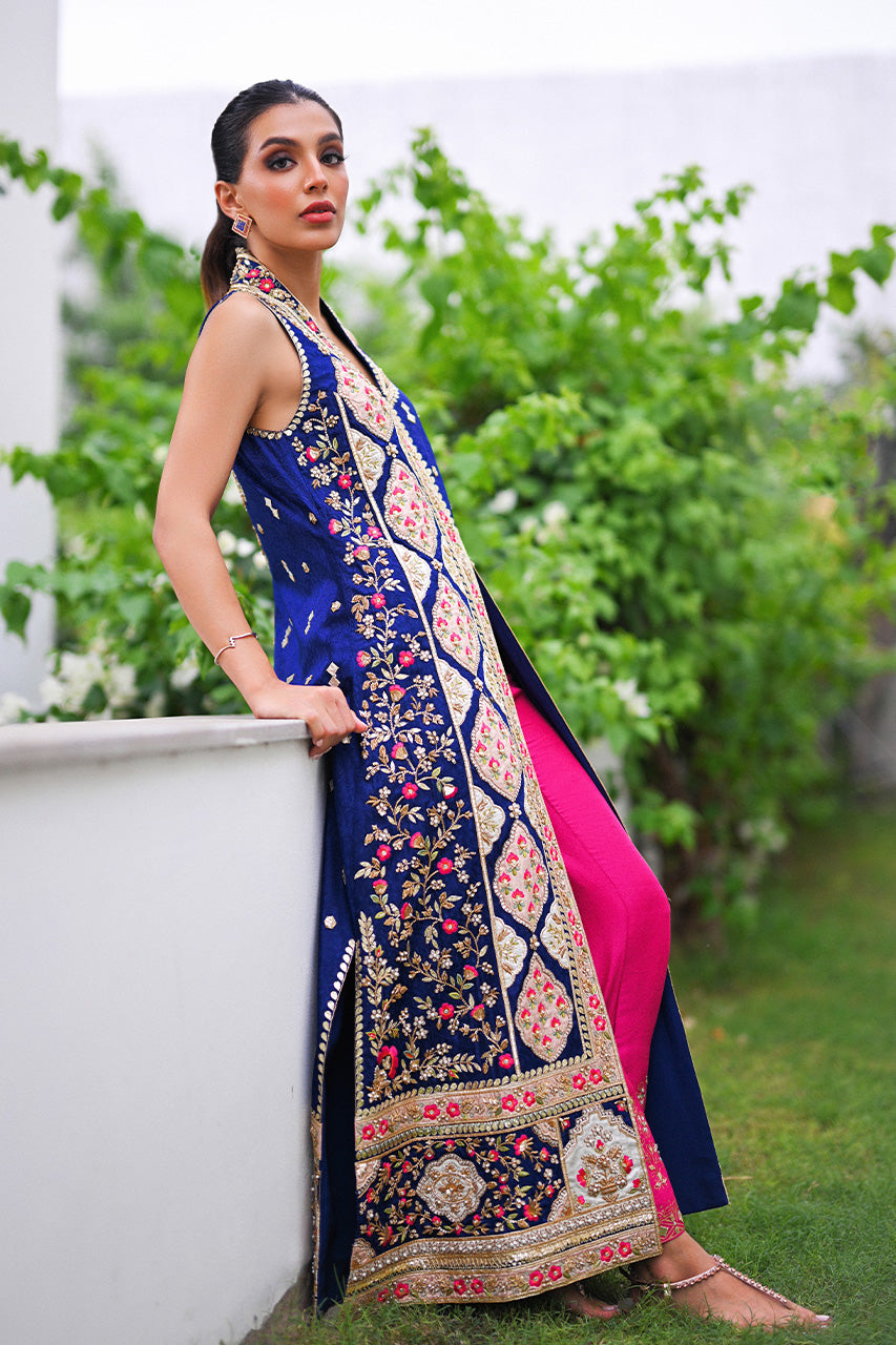 Pakistani Midnight Blue Embroidered Jamawar A-Line Jacket (2-Piece) - Image 4
