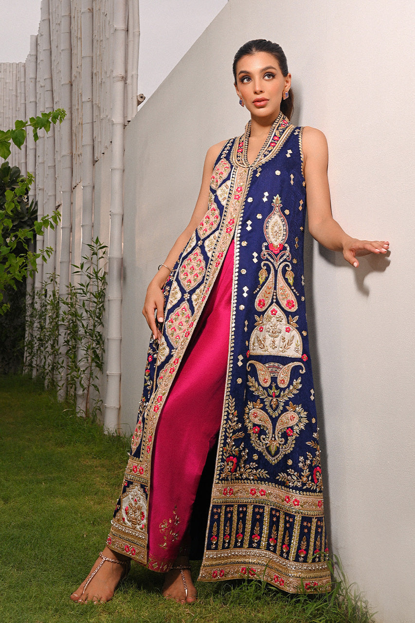 Pakistani Midnight Blue Embroidered Self Jamawar Jacket Set (2-Piece) - Image 1