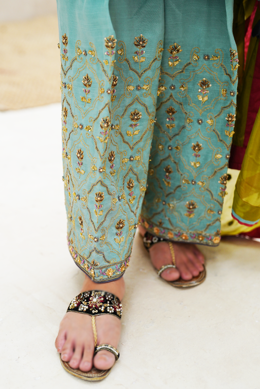 Pakistani Light Blue Handworked Raw Silk A-Line Kurta Set (3-Piece) - Image 1