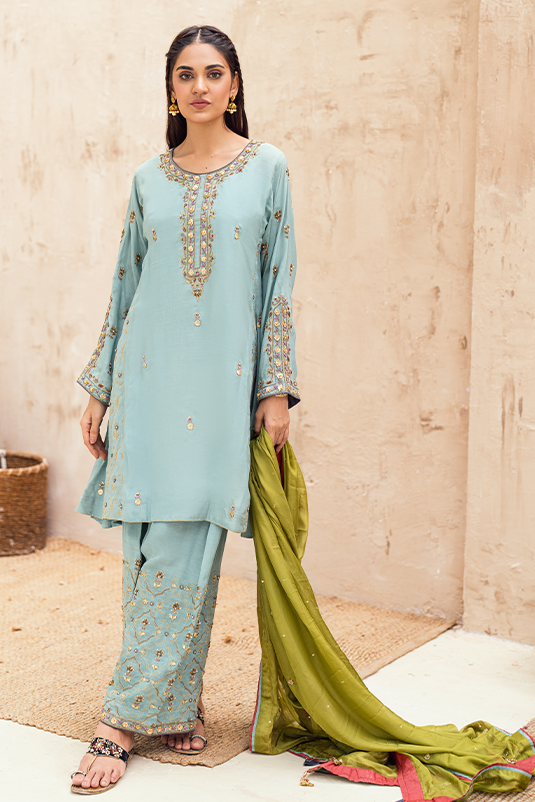 Pakistani Light Blue Handworked Raw Silk A-Line Kurta Set (3-Piece) - Image 3