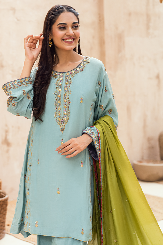Pakistani Light Blue Handworked Raw Silk A-Line Kurta Set (3-Piece) - Image 4
