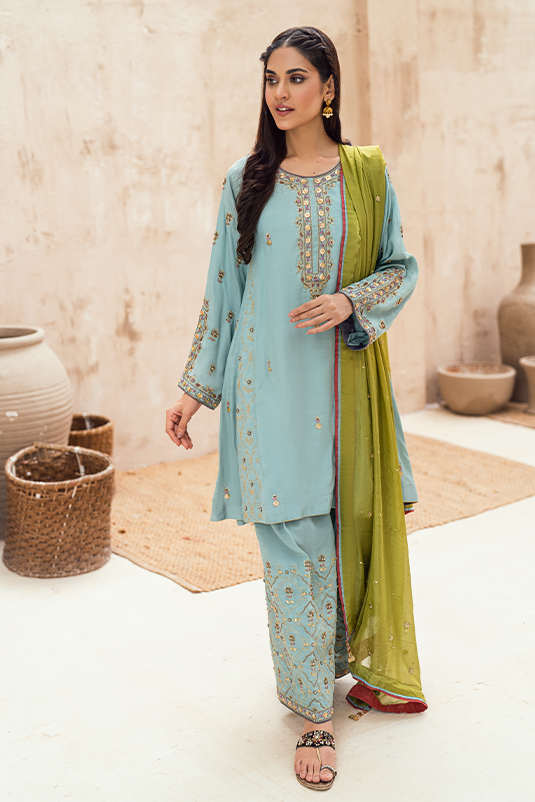 Light Blue Hand-Embellished Raw Silk Salwar Kameez (3-Piece) - Image 2