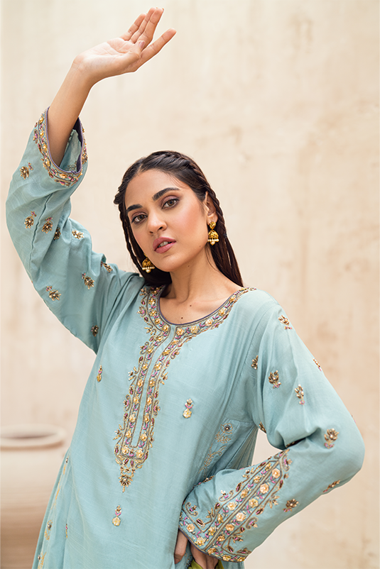 Light Blue Hand-Embellished Raw Silk Salwar Kameez (3-Piece) - Image 5