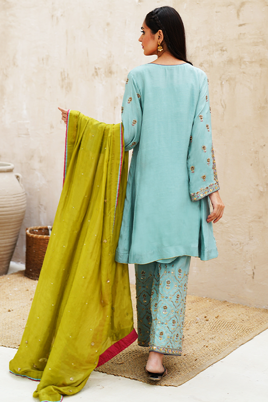 Light Blue Hand-Embellished Raw Silk Salwar Kameez (3-Piece) - Image 6