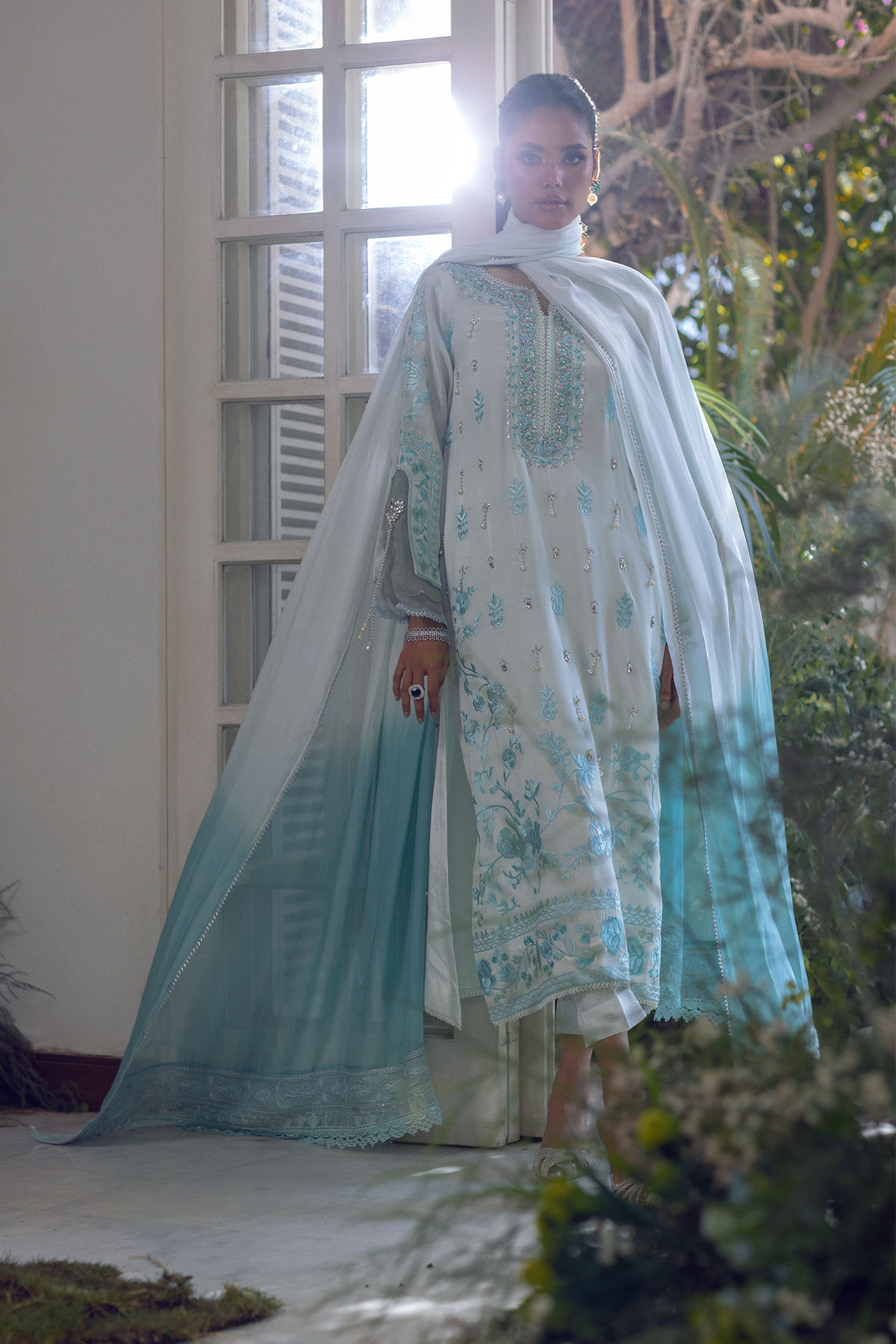 Ice Blue Zardozi Embroidered Raw Silk Salwar Kameez (3-Piece) - Image 1