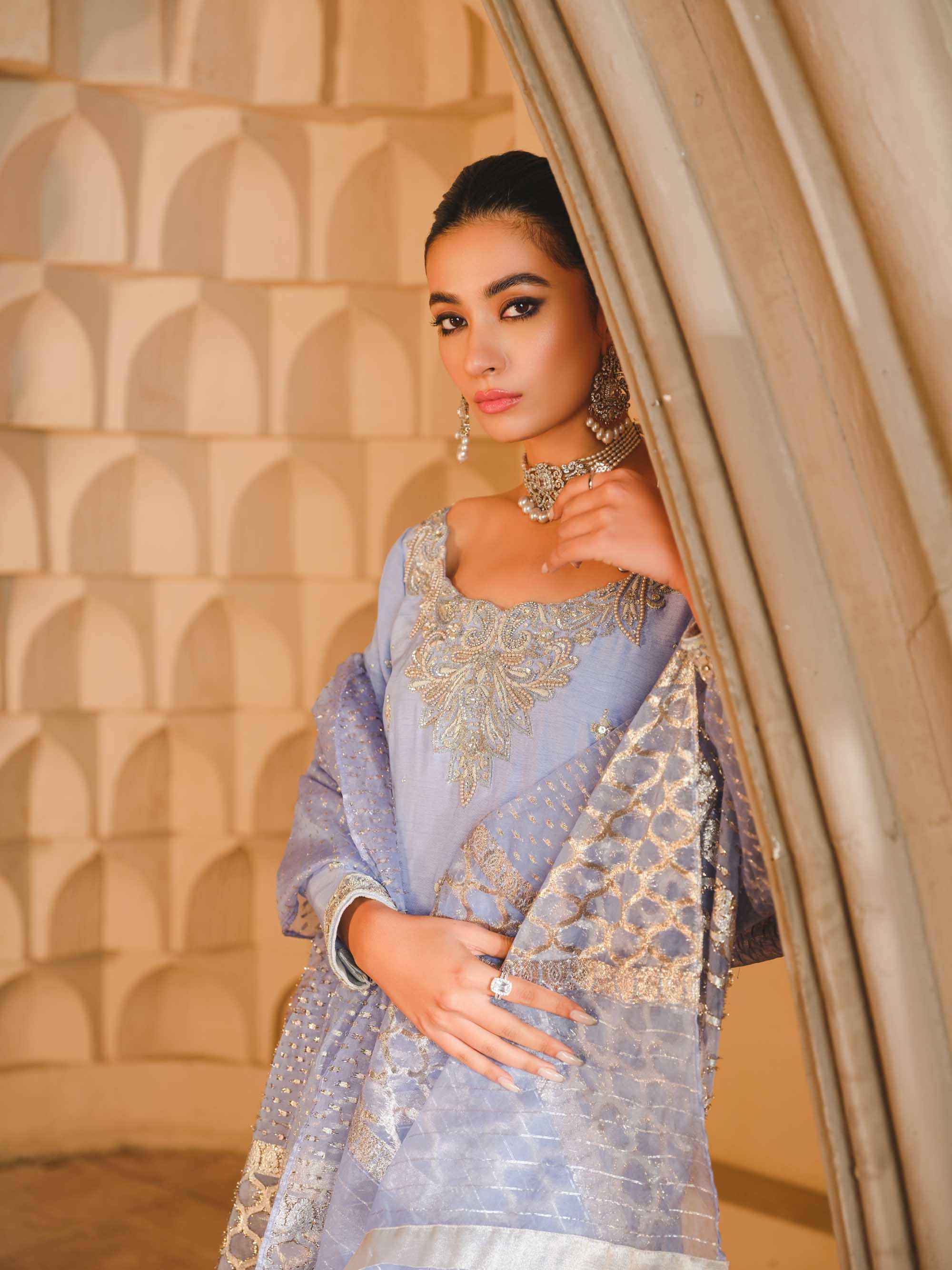 Pakistani Periwinkle Blue Zardozi Raw Silk Salwar Kameez (3-Piece) - Image 2