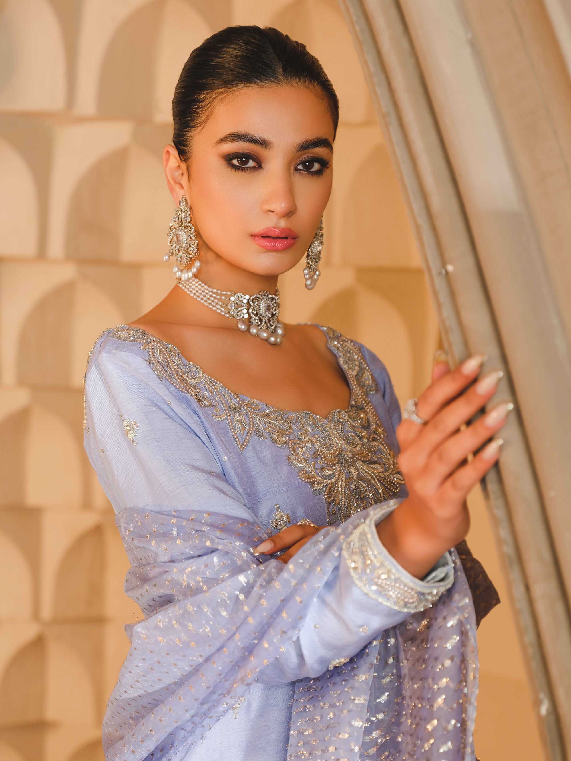 Pakistani Periwinkle Blue Zardozi Raw Silk Salwar Kameez (3-Piece) - Image 3