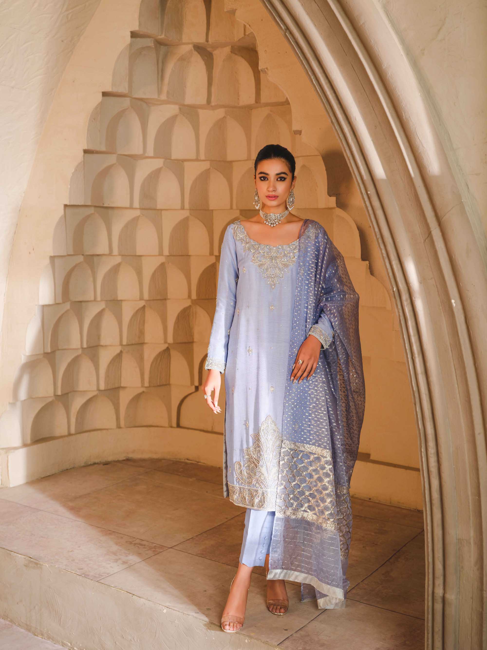 Pakistani Periwinkle Blue Zardozi Raw Silk Salwar Kameez (3-Piece) - Image 4