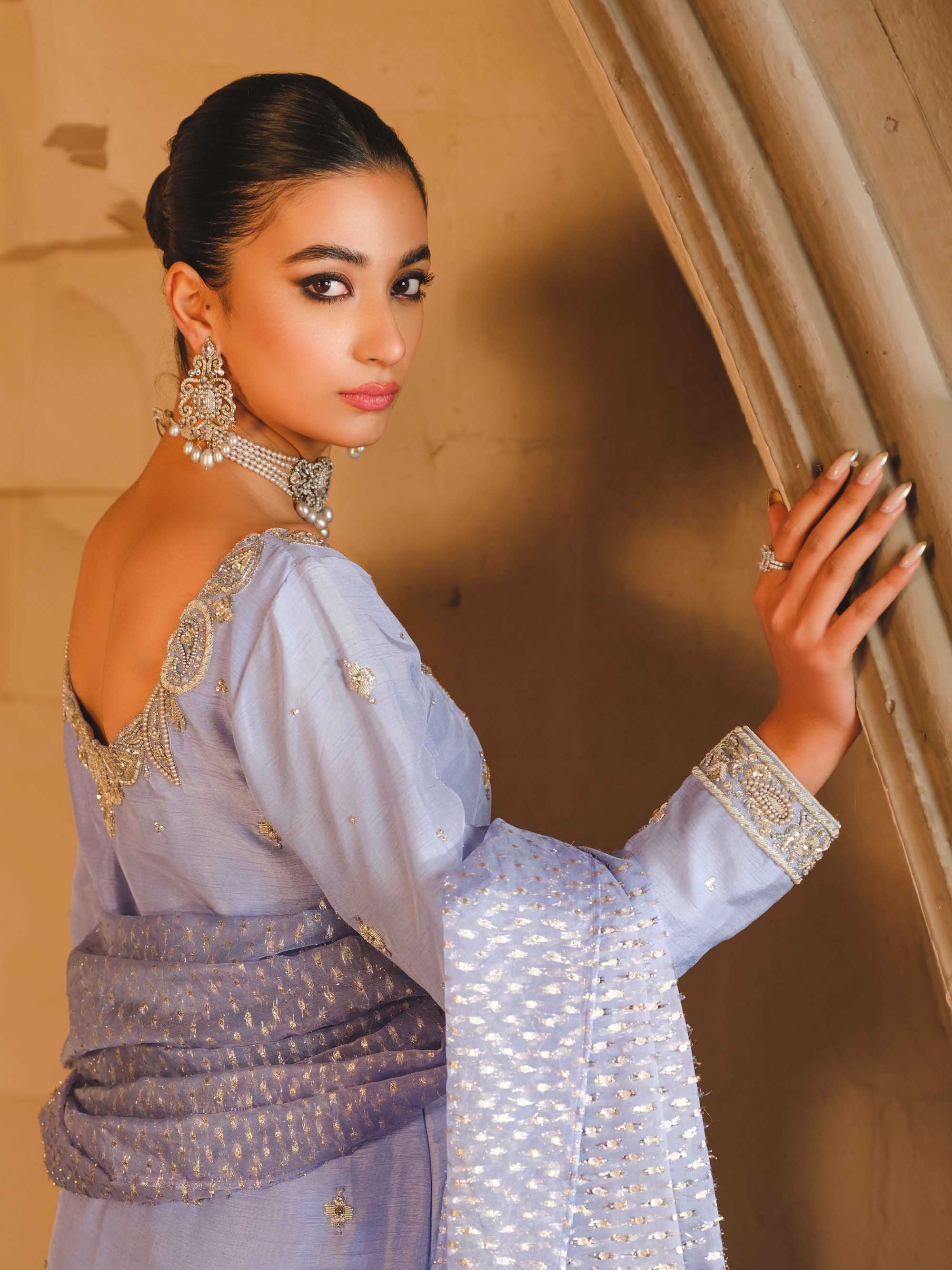 Pakistani Periwinkle Blue Zardozi Raw Silk Salwar Kameez (3-Piece) - Image 5