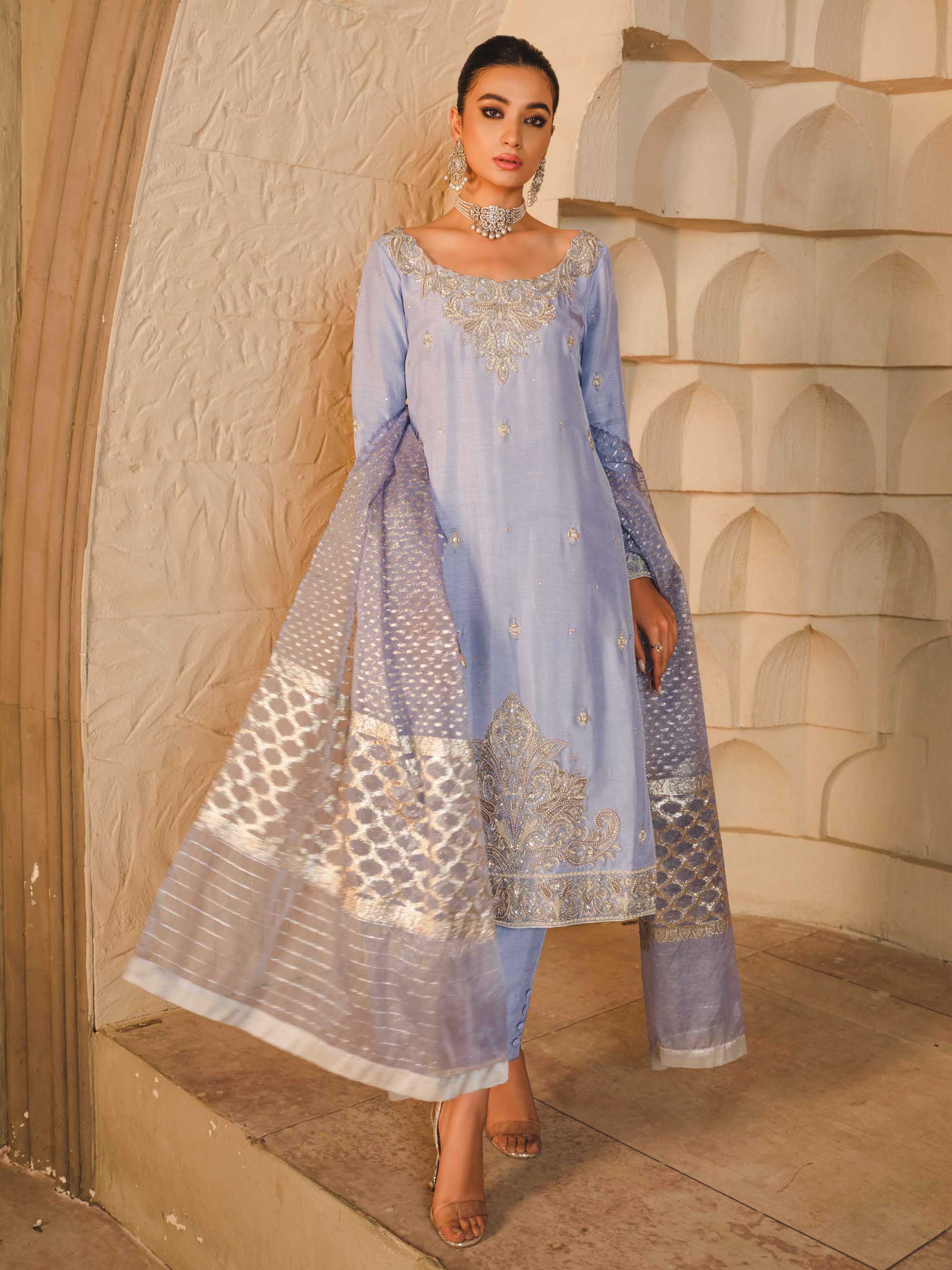 Pakistani Periwinkle Blue Zardozi Raw Silk Salwar Kameez (3-Piece) - Image 7