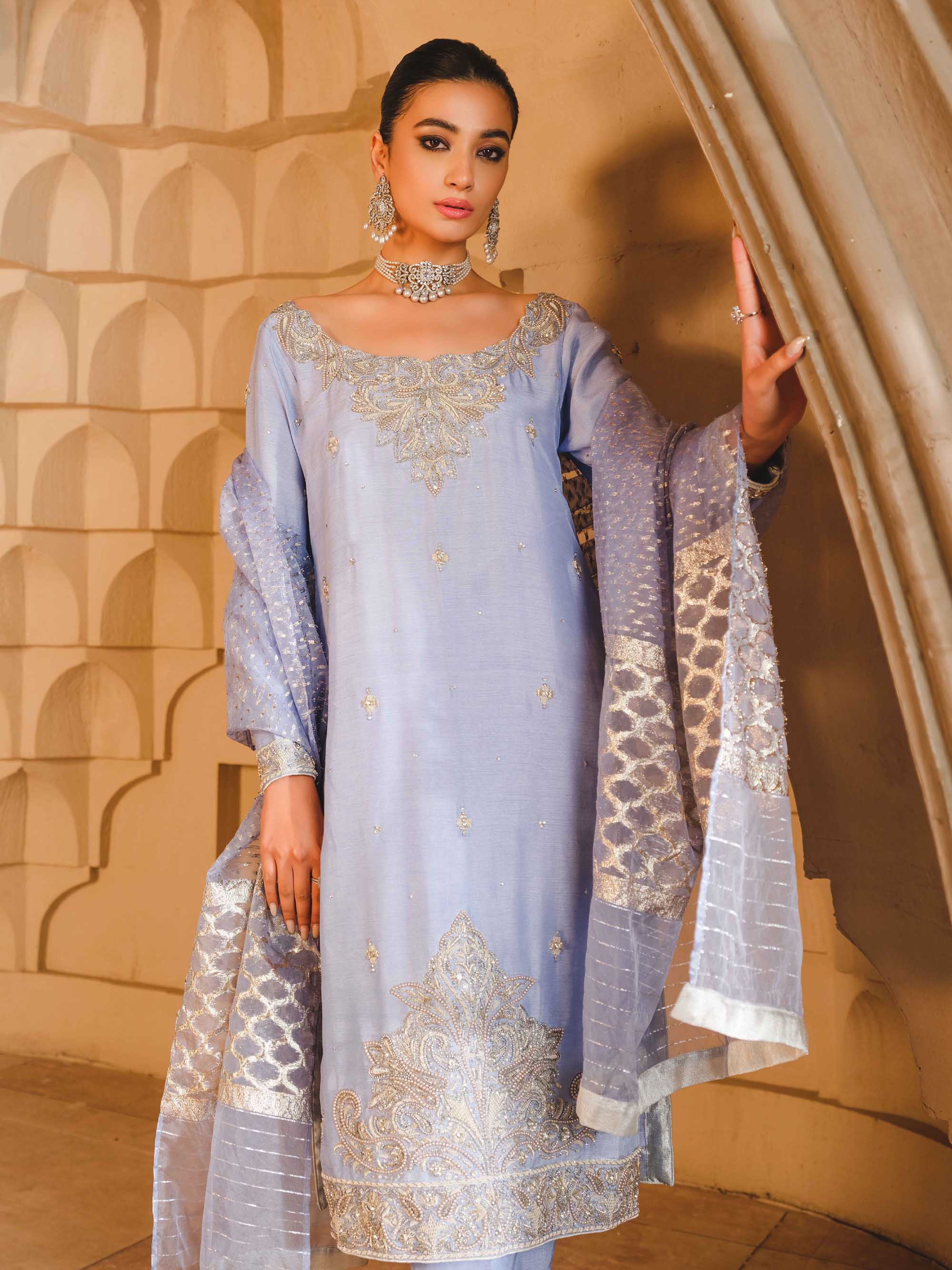 Pakistani Periwinkle Blue Zardozi Raw Silk Salwar Kameez (3-Piece) - Image 8