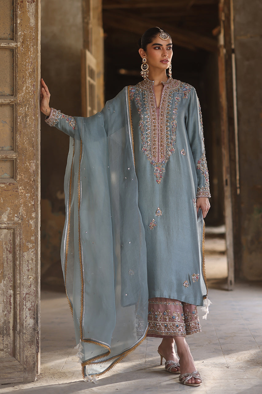 Old Blue Zardozi Raw Silk Salwar Kameez (3-Piece) - Image 1