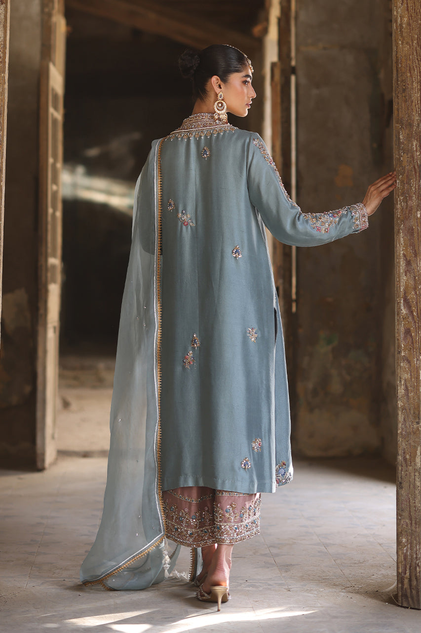 Old Blue Zardozi Raw Silk Salwar Kameez (3-Piece) - Image 2