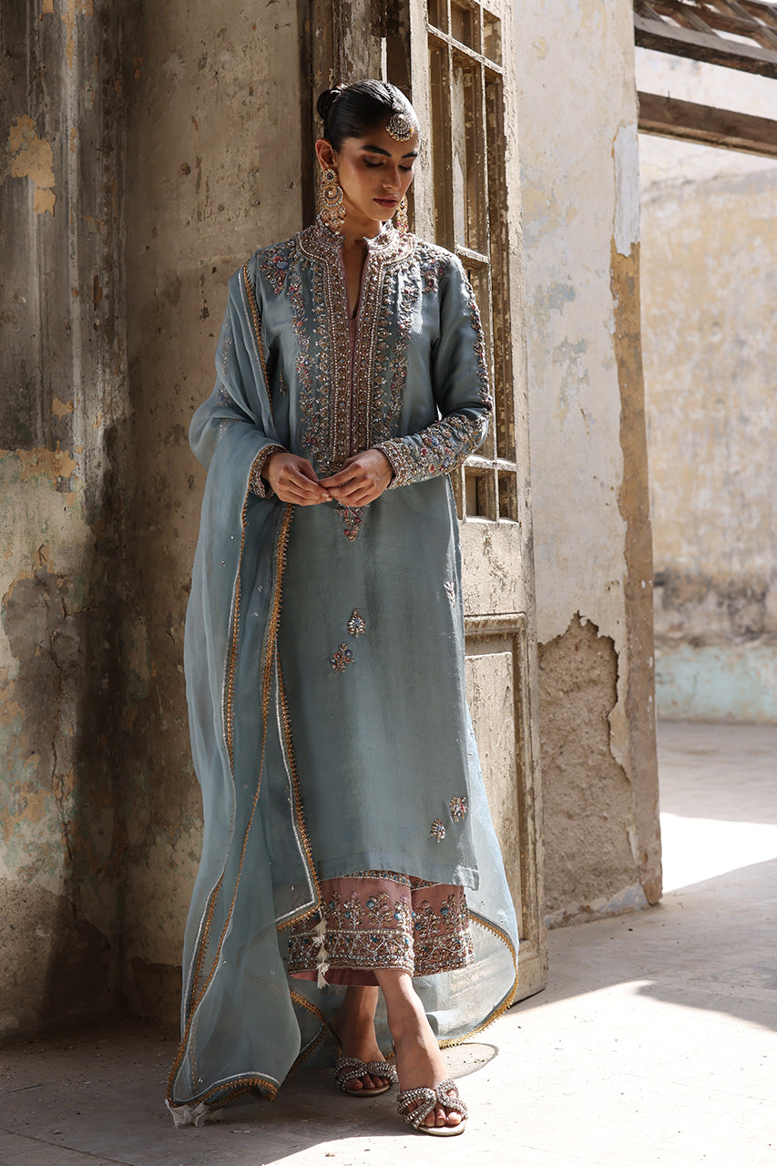 Old Blue Zardozi Raw Silk Salwar Kameez (3-Piece) - Image 3