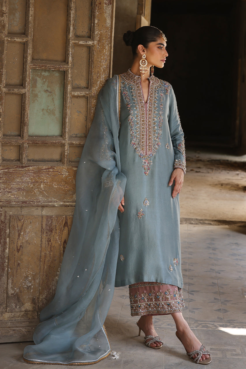 Old Blue Zardozi Raw Silk Salwar Kameez (3-Piece) - Image 4