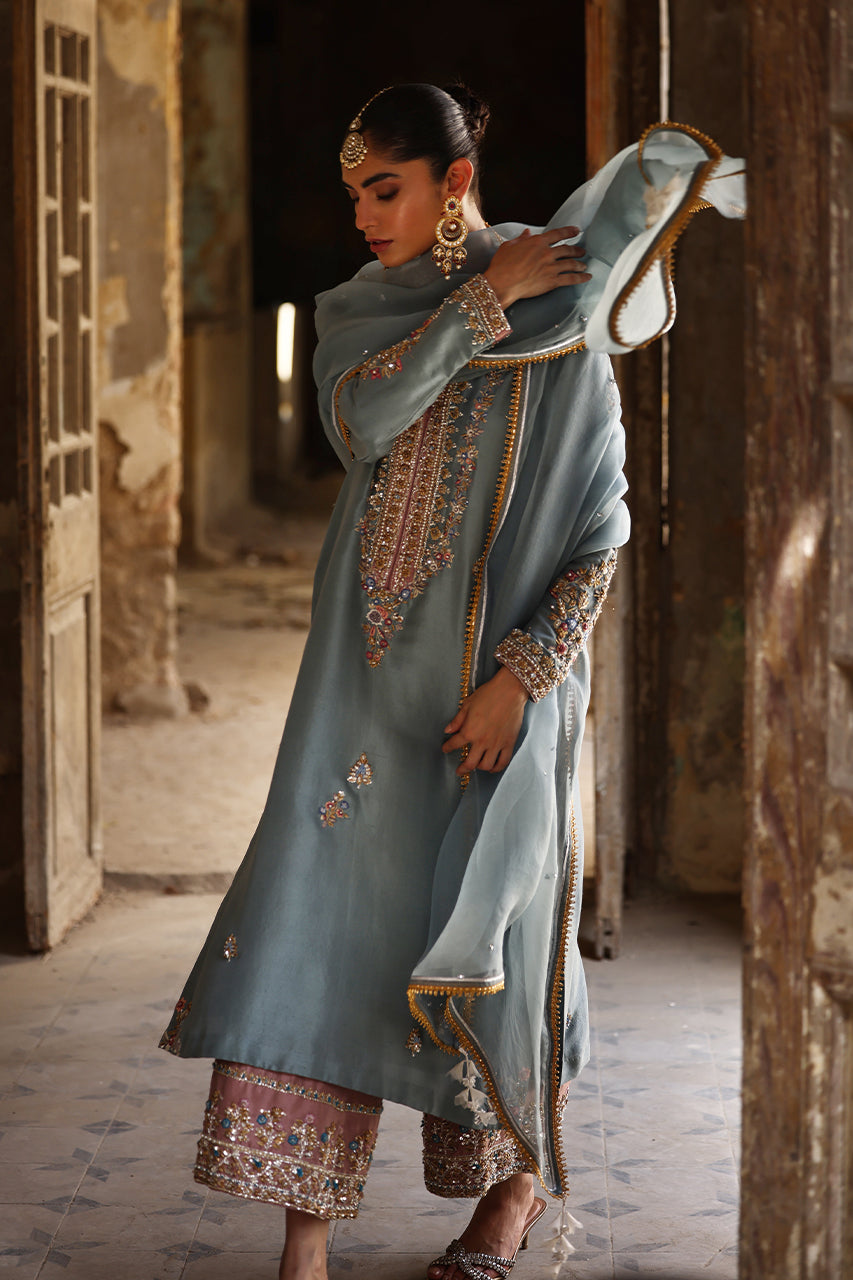 Old Blue Zardozi Raw Silk Salwar Kameez (3-Piece) - Image 5