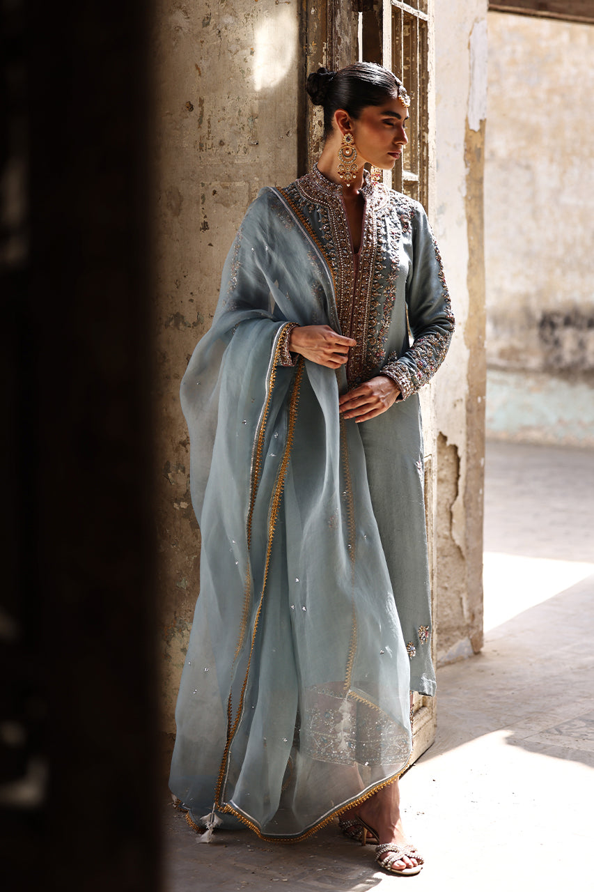 Old Blue Zardozi Raw Silk Salwar Kameez (3-Piece) - Image 6