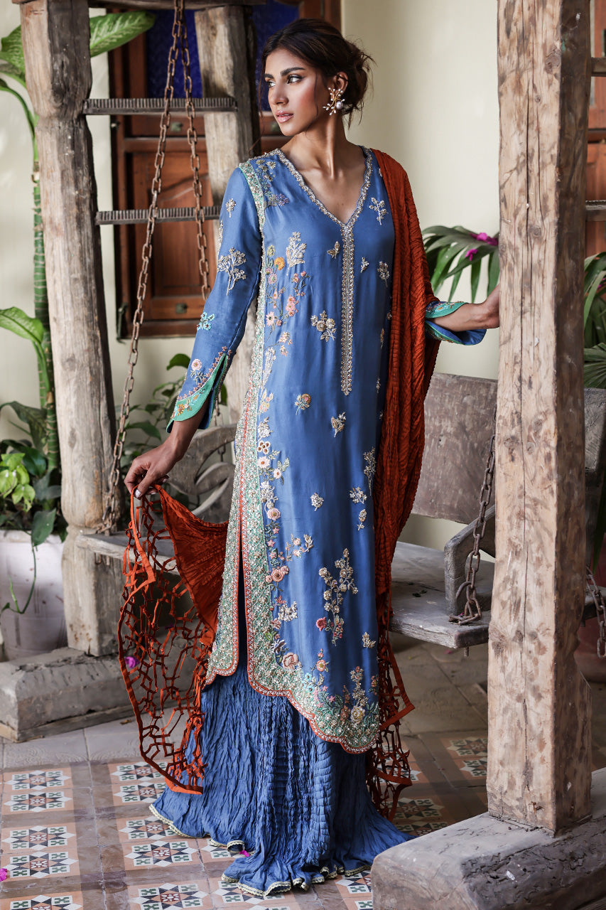 Pakistani Old Blue Hand-Embroidered Raw Silk Salwar Kameez (3-Piece) - Image 1