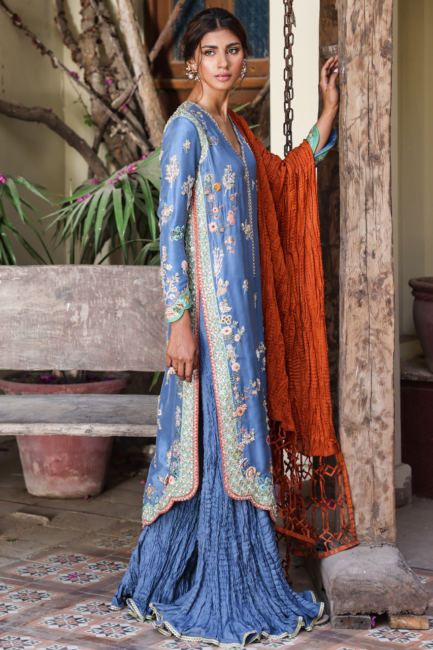 Pakistani Old Blue Hand-Embroidered Raw Silk Salwar Kameez (3-Piece) - Image 3