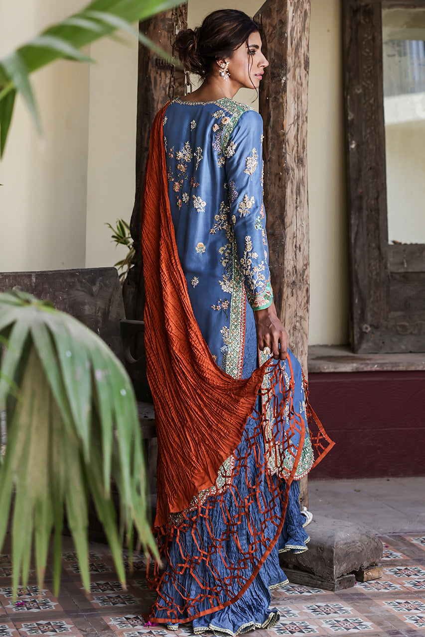 Pakistani Old Blue Hand-Embroidered Raw Silk Salwar Kameez (3-Piece) - Image 4