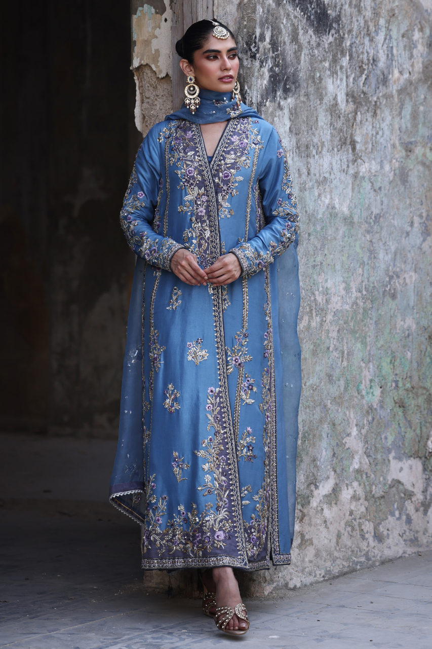 Regal Blue Zardozi Raw Silk Chogha Set (3-Piece) - Image 1