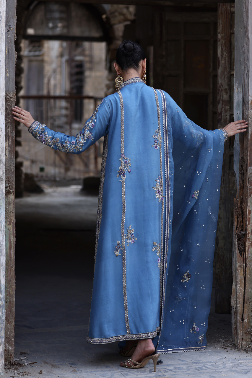 Regal Blue Zardozi Raw Silk Chogha Set (3-Piece) - Image 2