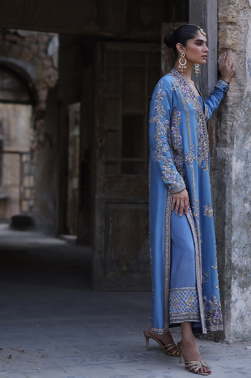 Regal Blue Zardozi Raw Silk Chogha Set (3-Piece) - Image 4