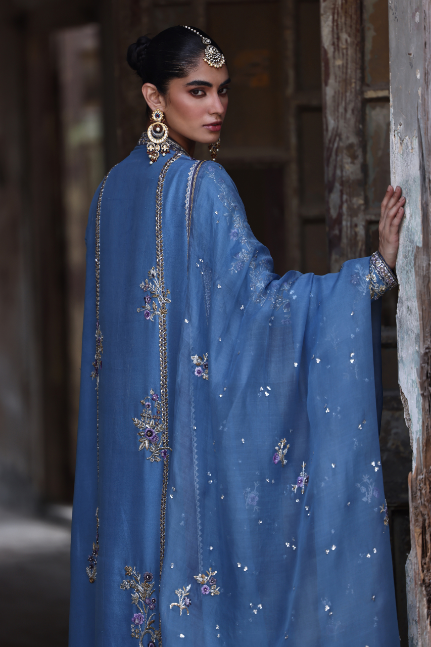 Regal Blue Zardozi Raw Silk Chogha Set (3-Piece) - Image 6