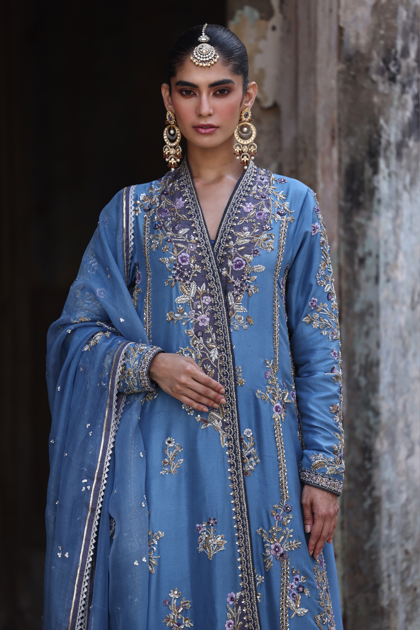 Regal Blue Zardozi Raw Silk Chogha Set (3-Piece) - Image 7