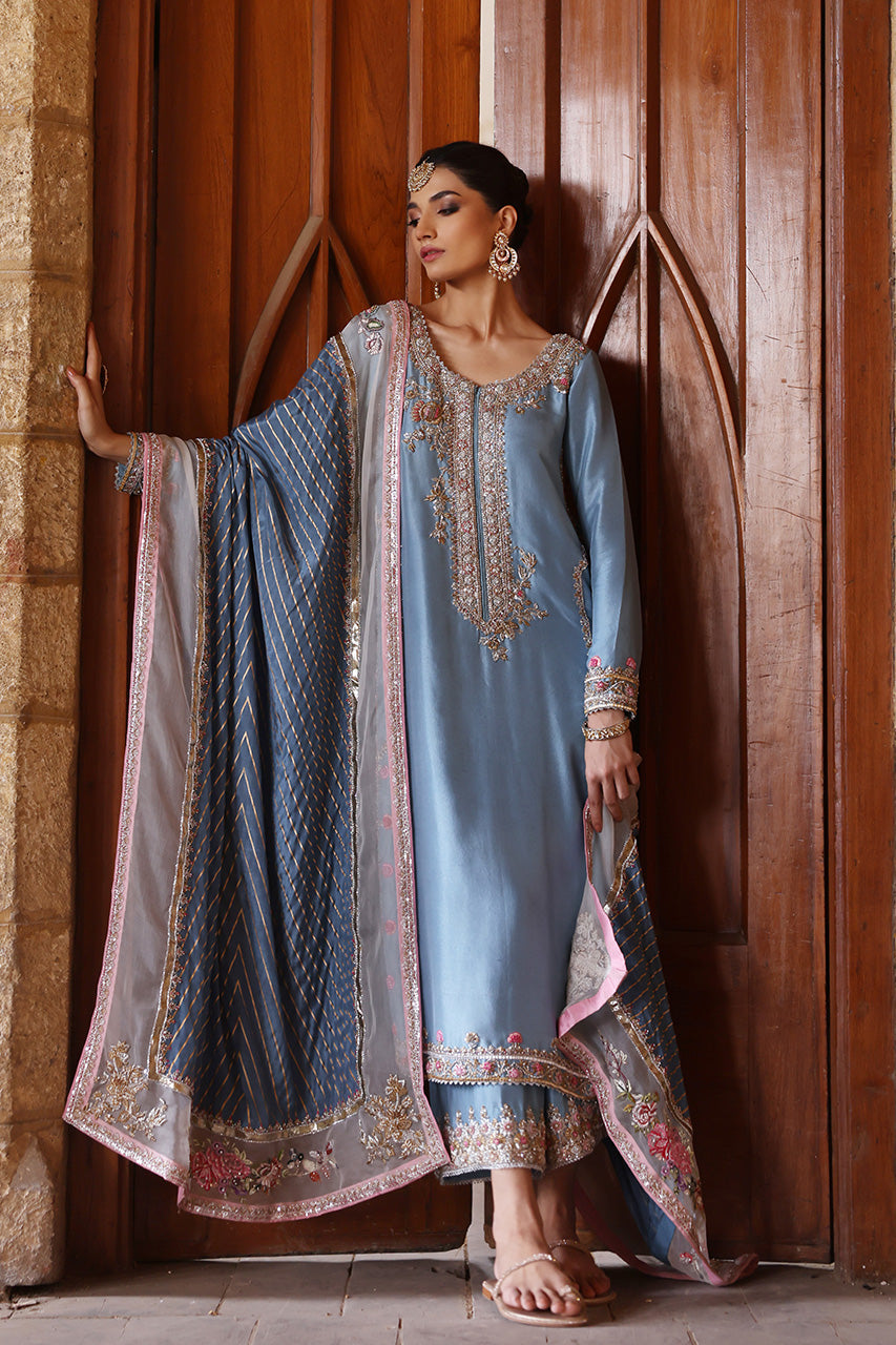 Pakistani Vintage Blue Zardozi Raw Silk Salwar Kameez (3-Piece) - Image 1