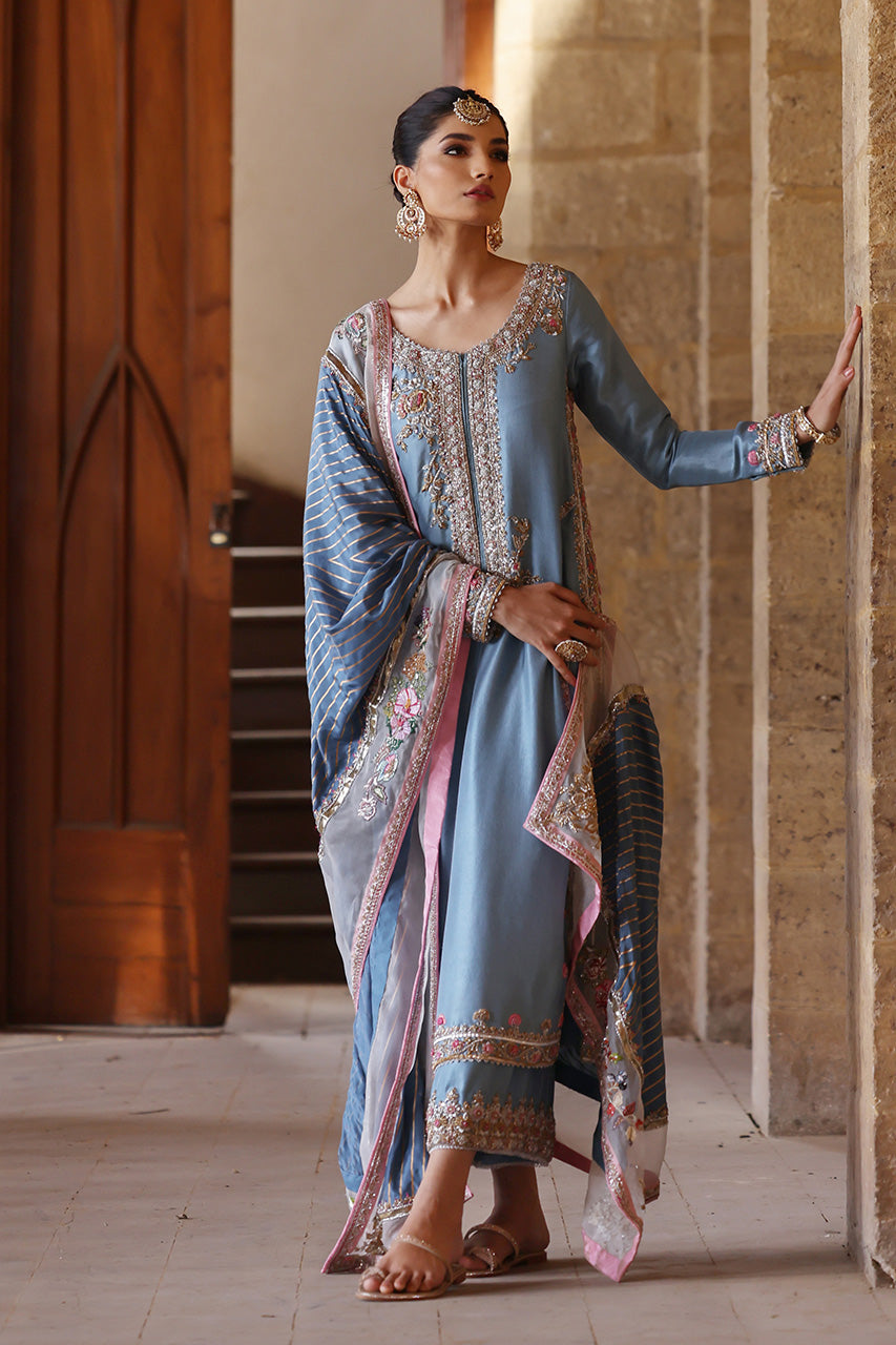Pakistani Vintage Blue Zardozi Raw Silk Salwar Kameez (3-Piece) - Image 3