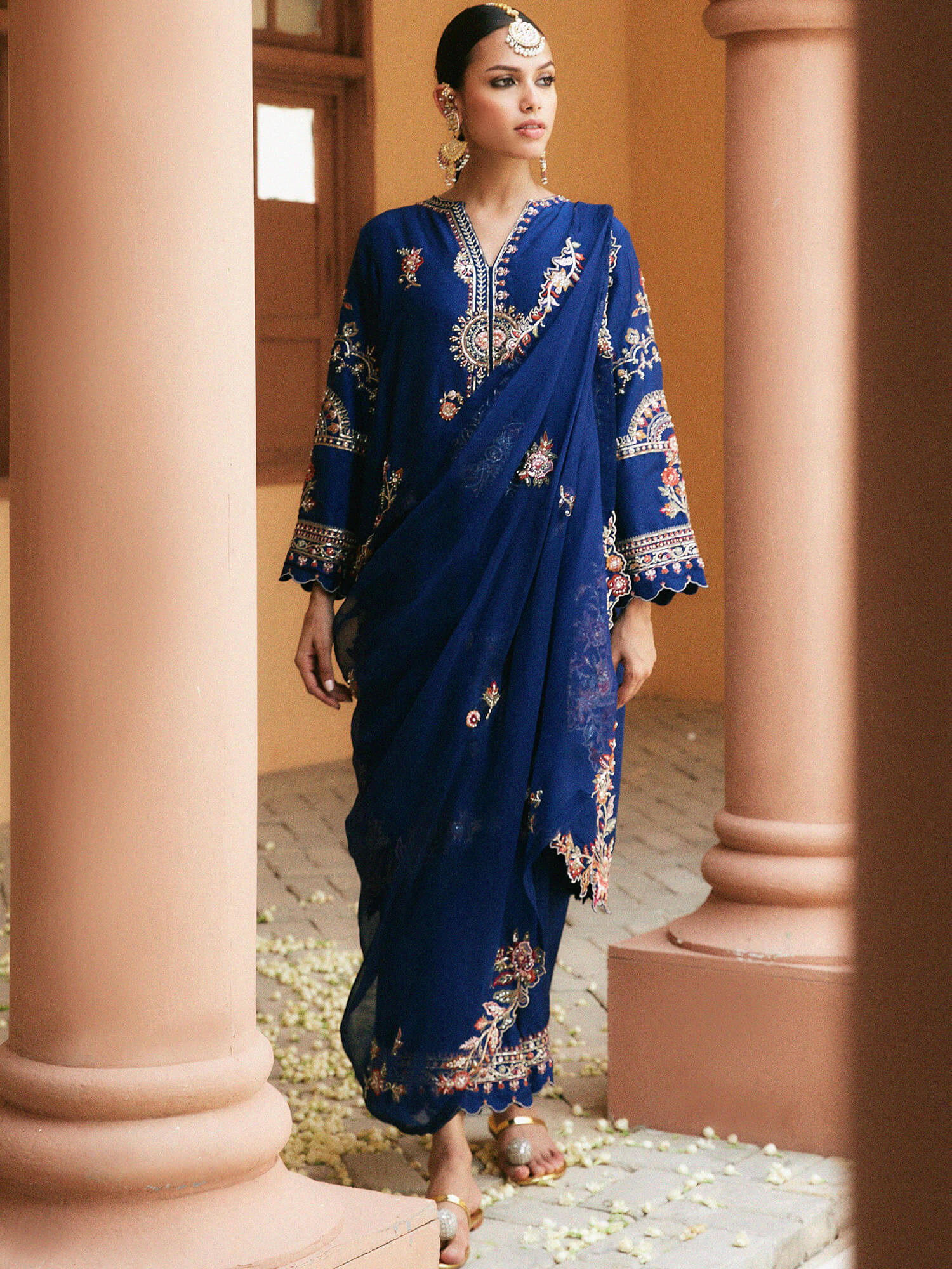 Pakistani Midnight Blue Embroidered Raw Silk Salwar Kameez (3-Piece) - Image 1