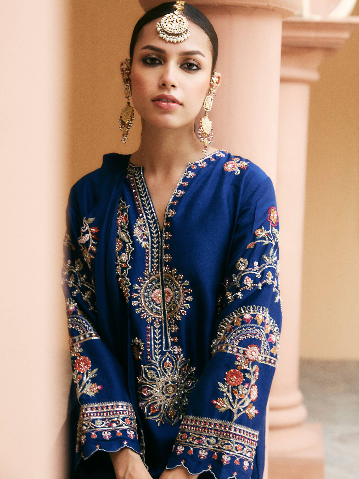Pakistani Midnight Blue Embroidered Raw Silk Salwar Kameez (3-Piece) - Image 2