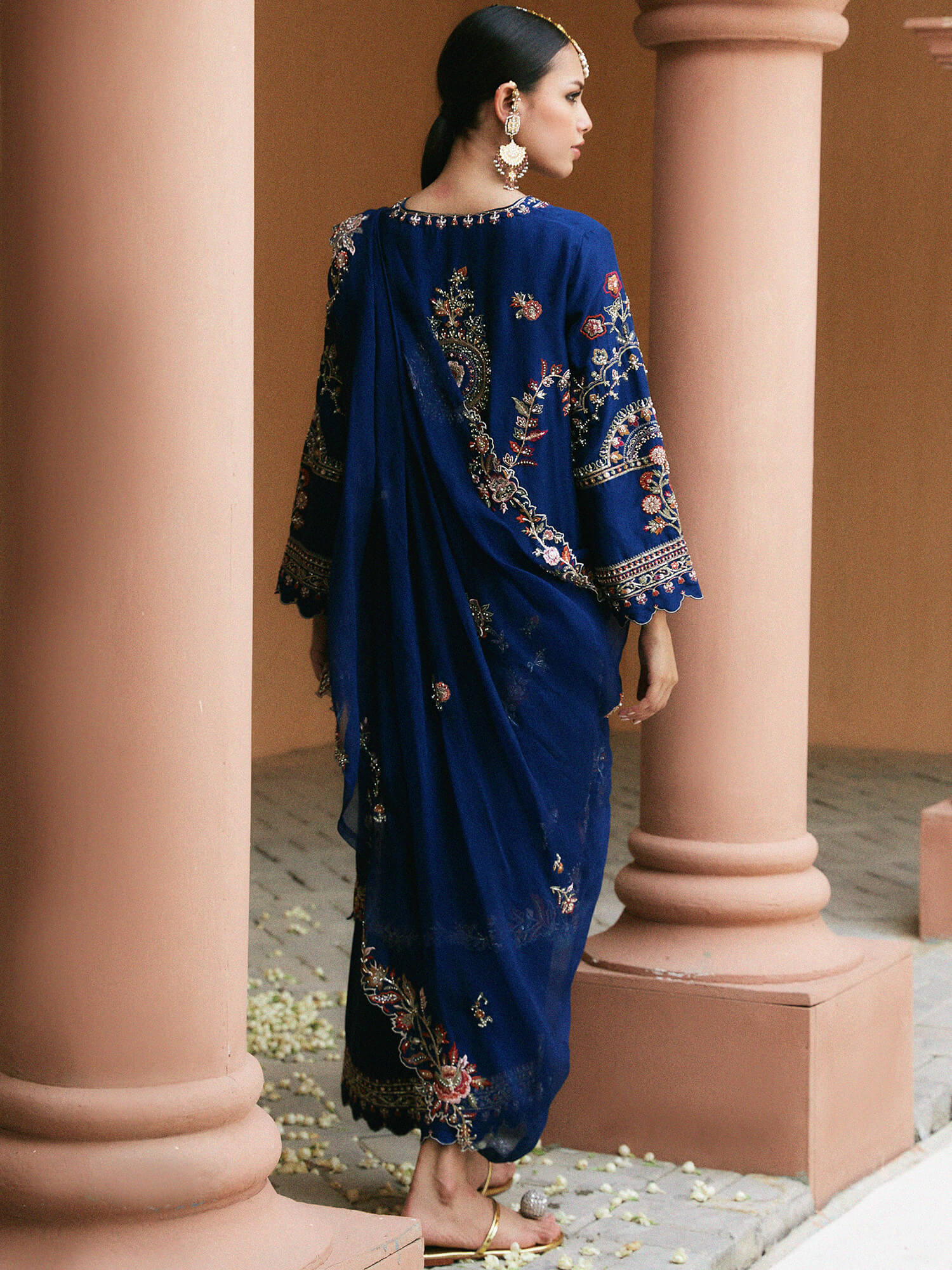 Pakistani Midnight Blue Embroidered Raw Silk Salwar Kameez (3-Piece) - Image 3