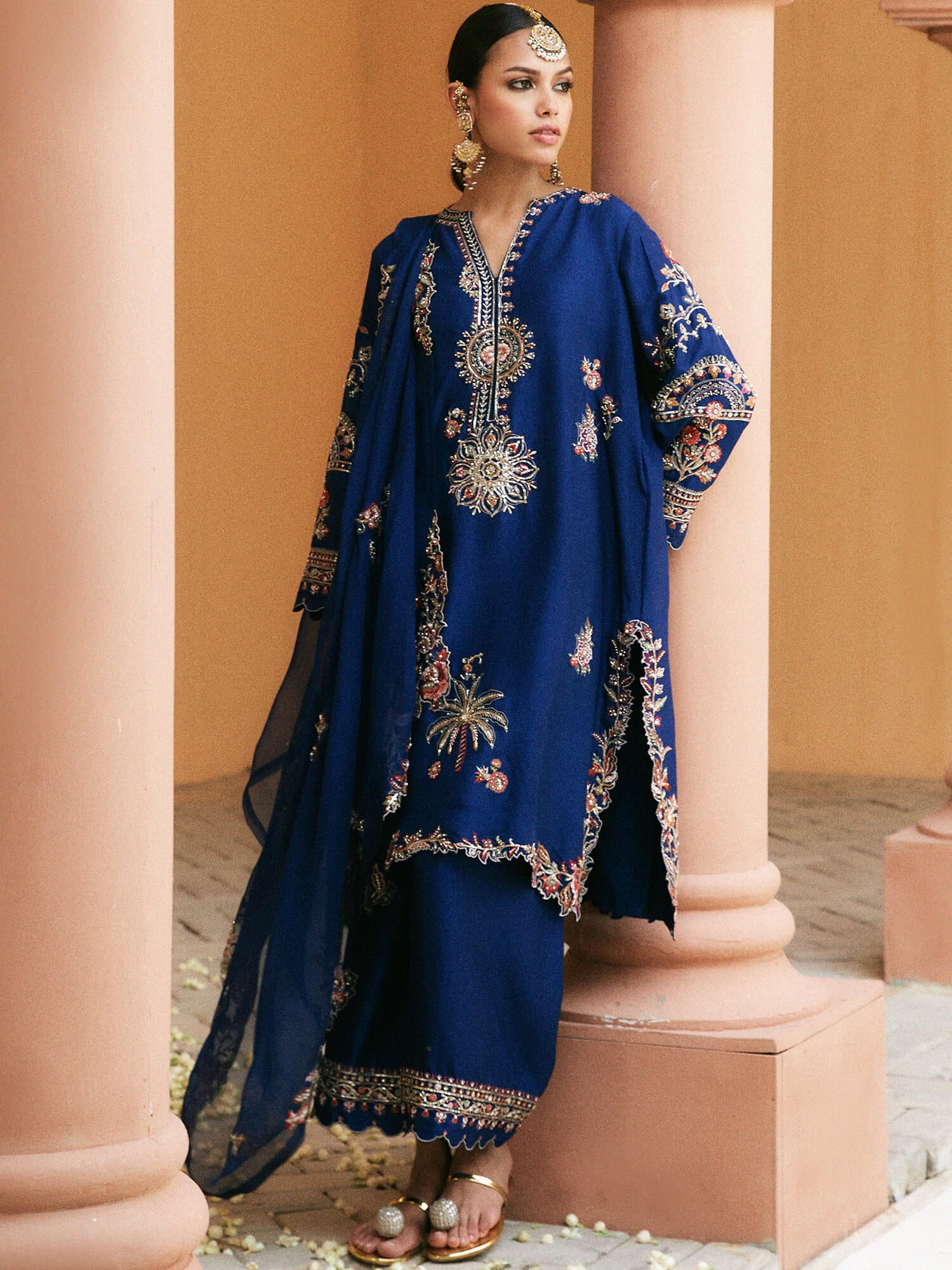 Pakistani Midnight Blue Embroidered Raw Silk Salwar Kameez (3-Piece) - Image 4