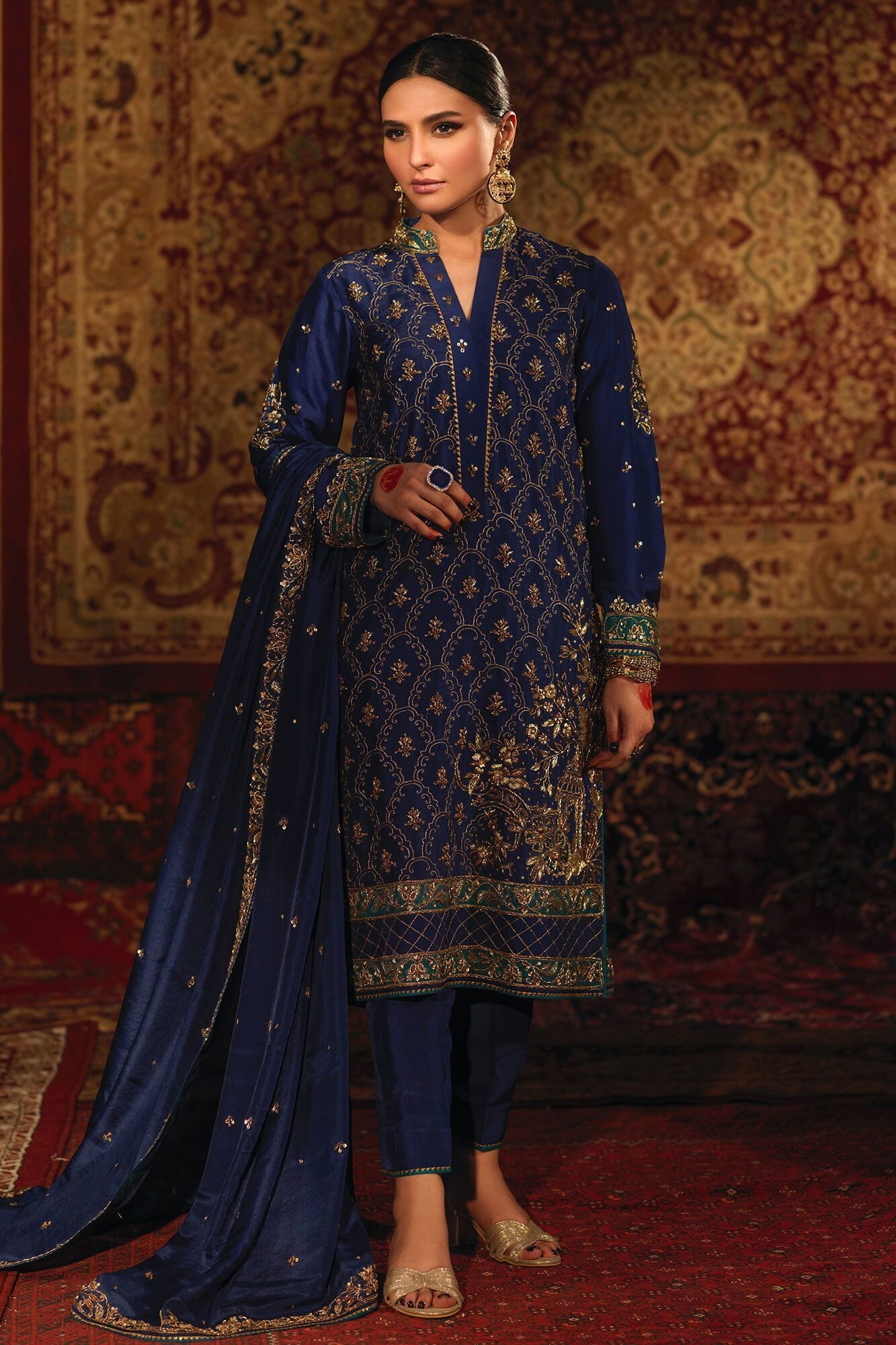 Dark Blue Zardozi PK Raw Silk Salwar Kameez (3-Piece) - Image 4