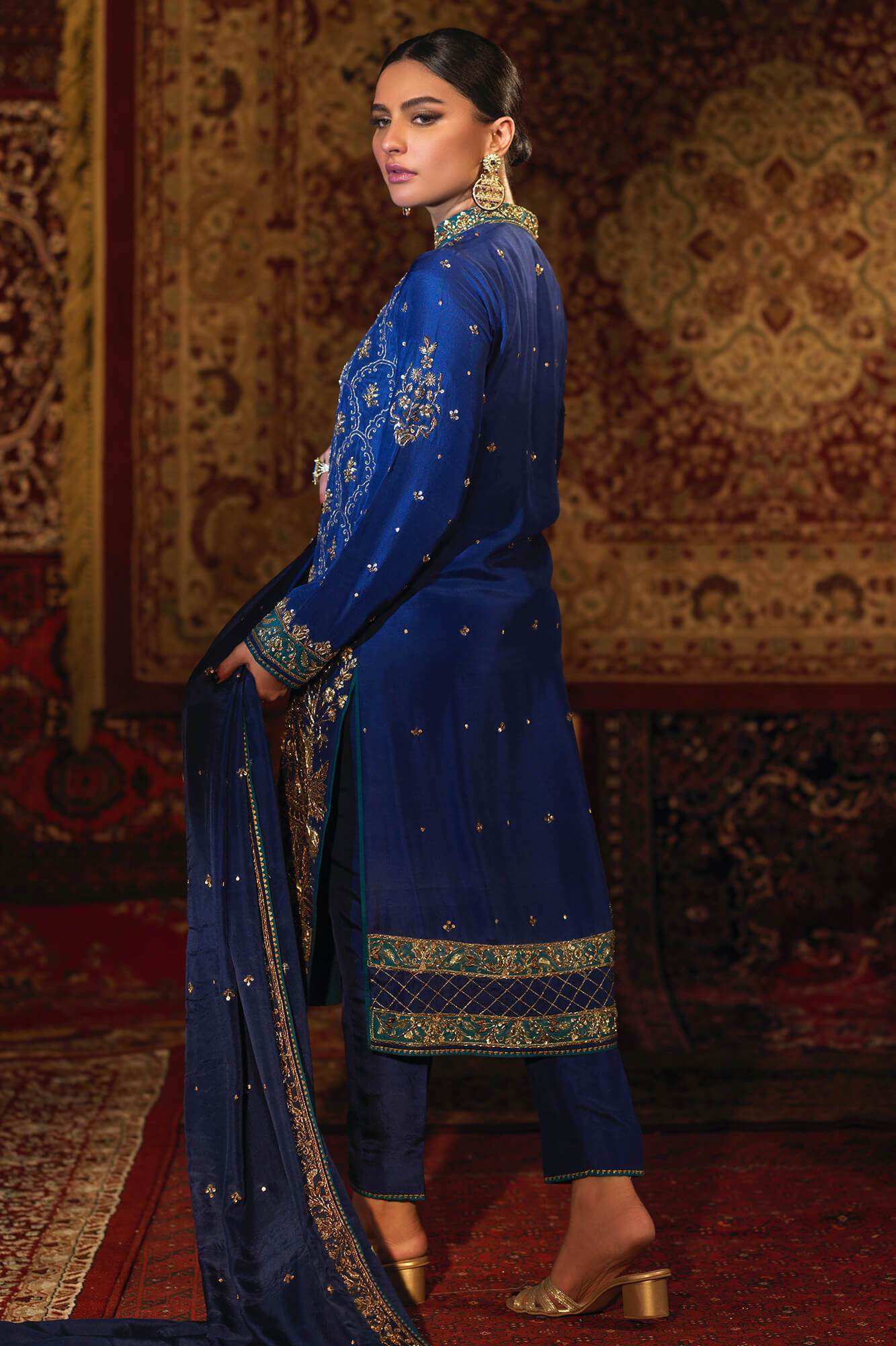 Dark Blue Zardozi PK Raw Silk Salwar Kameez (3-Piece) - Image 1