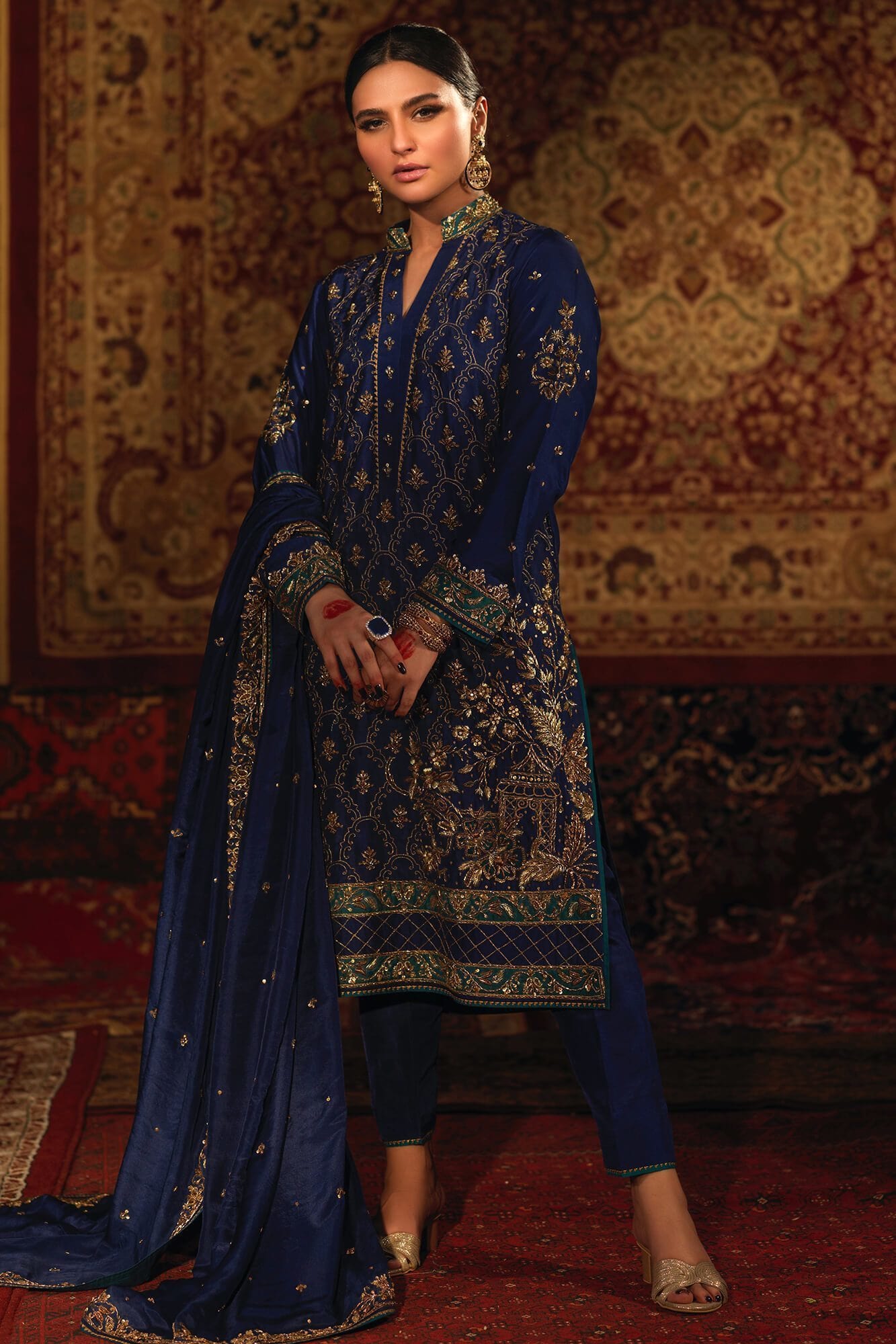 Dark Blue Zardozi PK Raw Silk Salwar Kameez (3-Piece) - Image 2