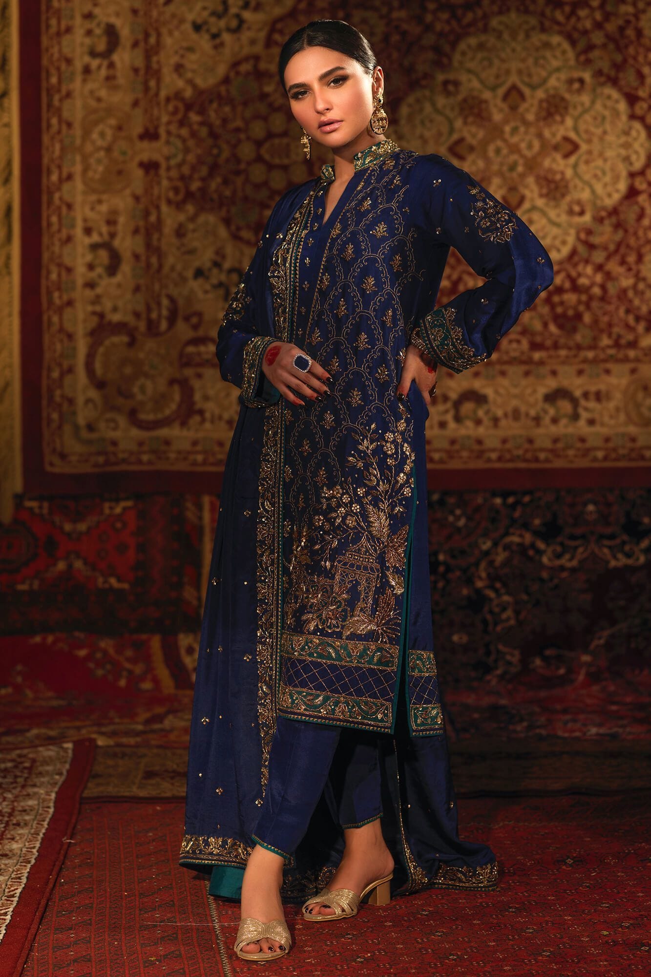 Dark Blue Zardozi PK Raw Silk Salwar Kameez (3-Piece) - Image 3