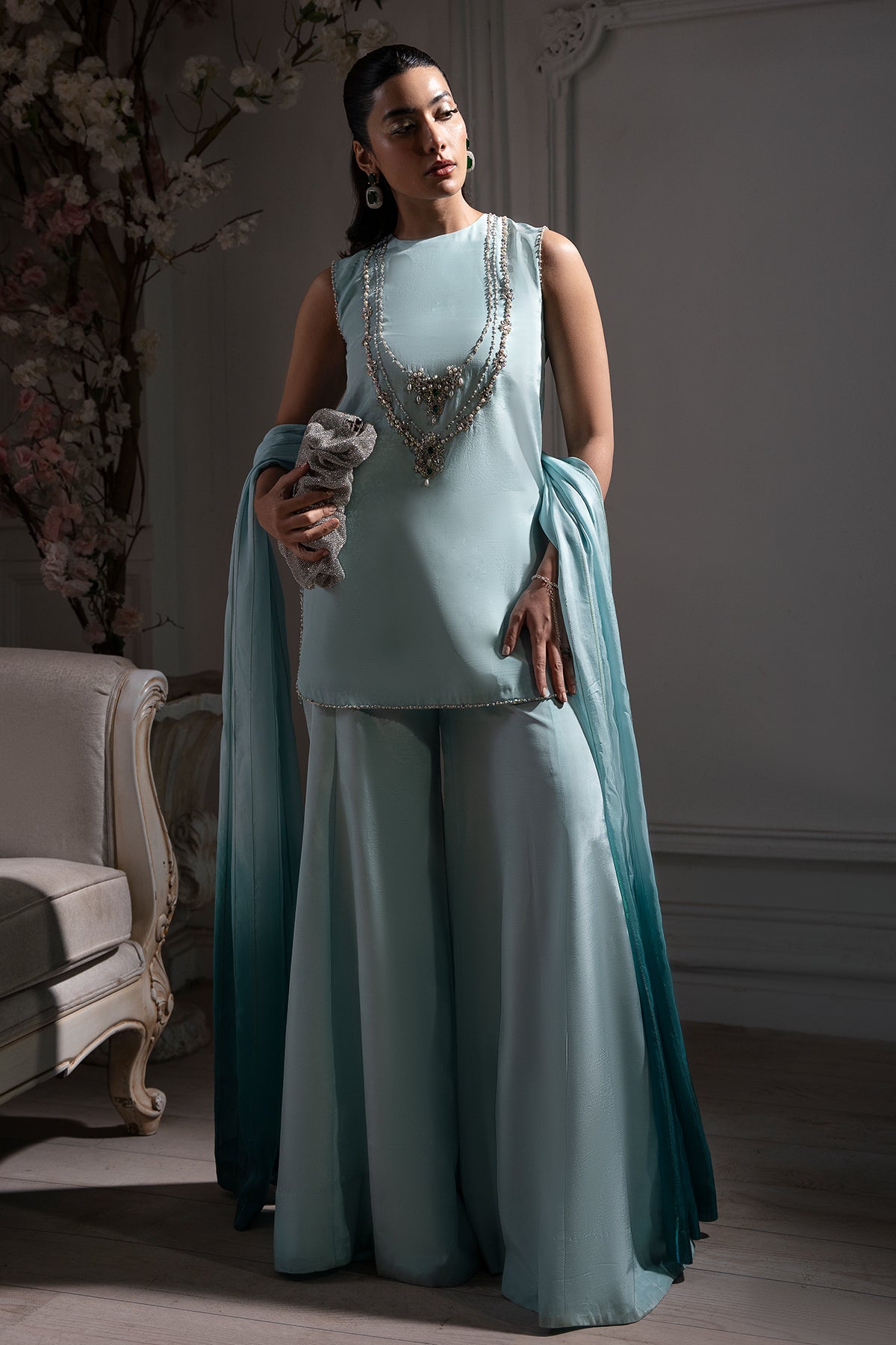 Ice Blue Embellished Roman Silk Salwar Kameez (3-Piece) - Image 1