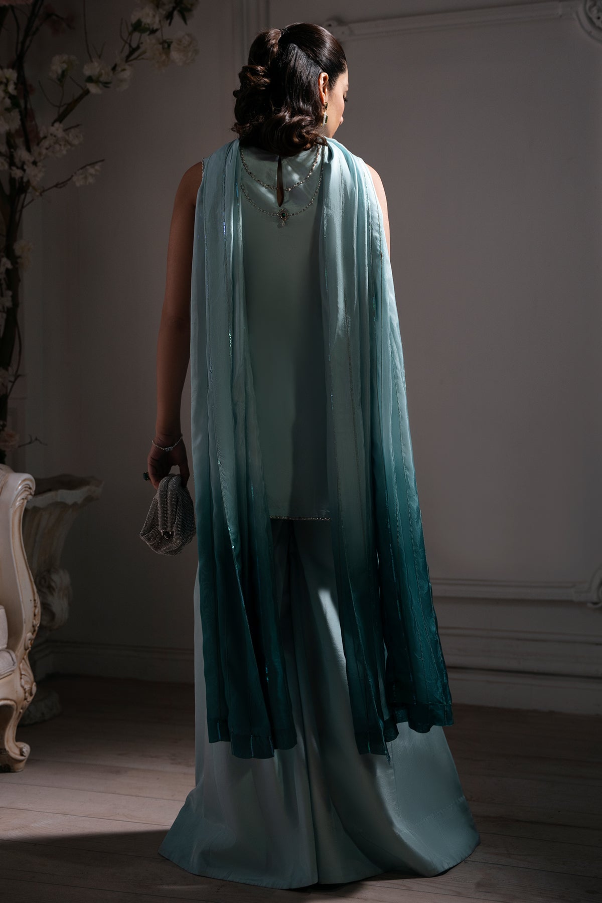 Ice Blue Embellished Roman Silk Salwar Kameez (3-Piece) - Image 2